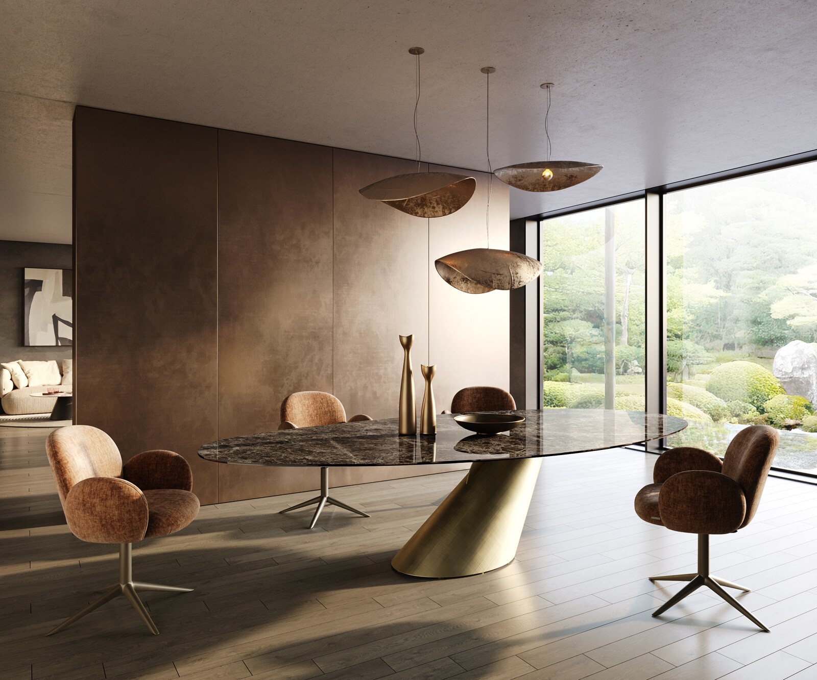 Esstisch Edge Oval 315x150 cm Keramik Emperador Extra Lucidato Dunkelbraun Cono Metallic Gold 5