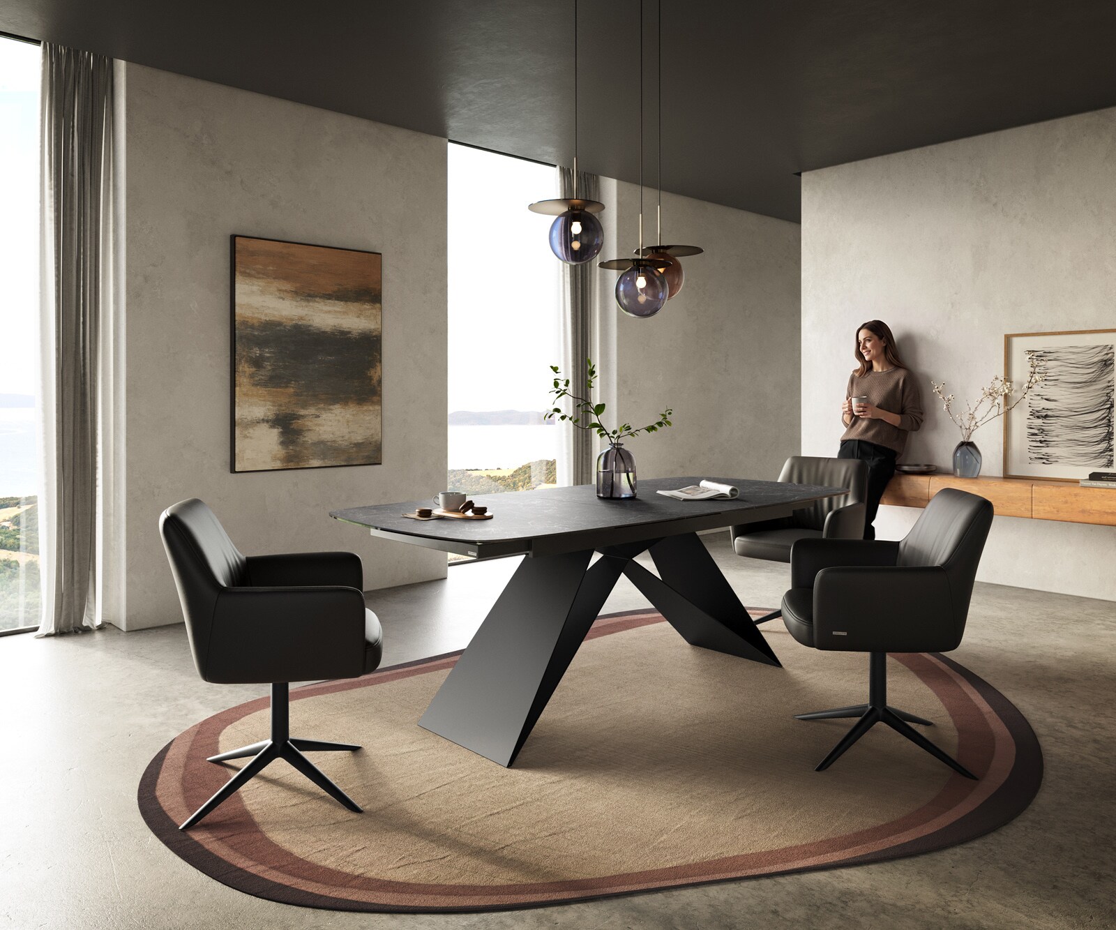 Esstisch Edge Boot 180-220x100 cm Keramik Laminam® Nero Greco Anthrazit V-Gestell Flachstahl Schwarz ausziehbar 6