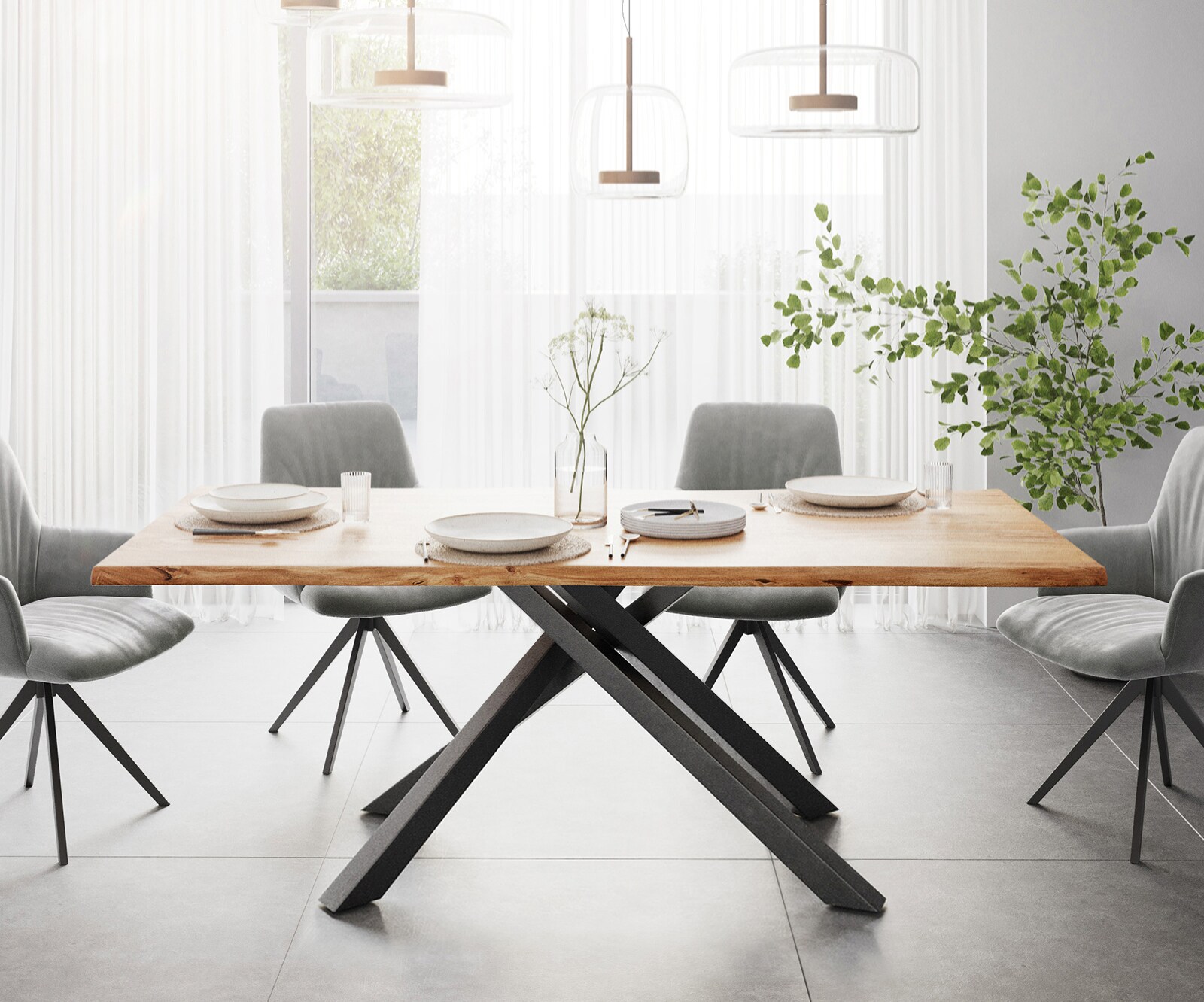 Esstisch Edge 200x100 Akazie Natur Kreuzgestell Rechteck Schwarz Live-Edge 1