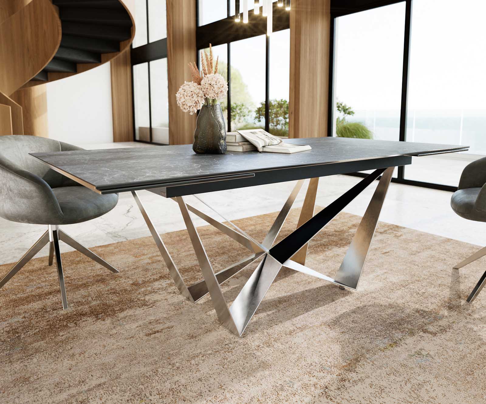 Esstisch Edge 200-300x100 Keramik Laminam®Nero Greco Anthrazit Spider Flachstahl Edelstahl ausziehbar 4 Esstisch Edge 200-300x100 Keramik Laminam®Nero Greco Anthrazit Spider Flachstahl Edelstahl ausziehbar 4