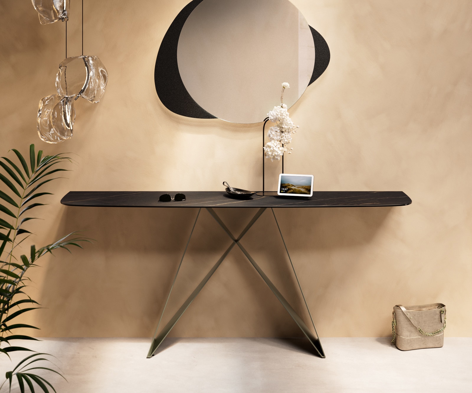 Konsolentisch Edge Boot 180x40 cm Keramik Laminam® Noir Desir Braun Velio Metall Effektfinish Titan