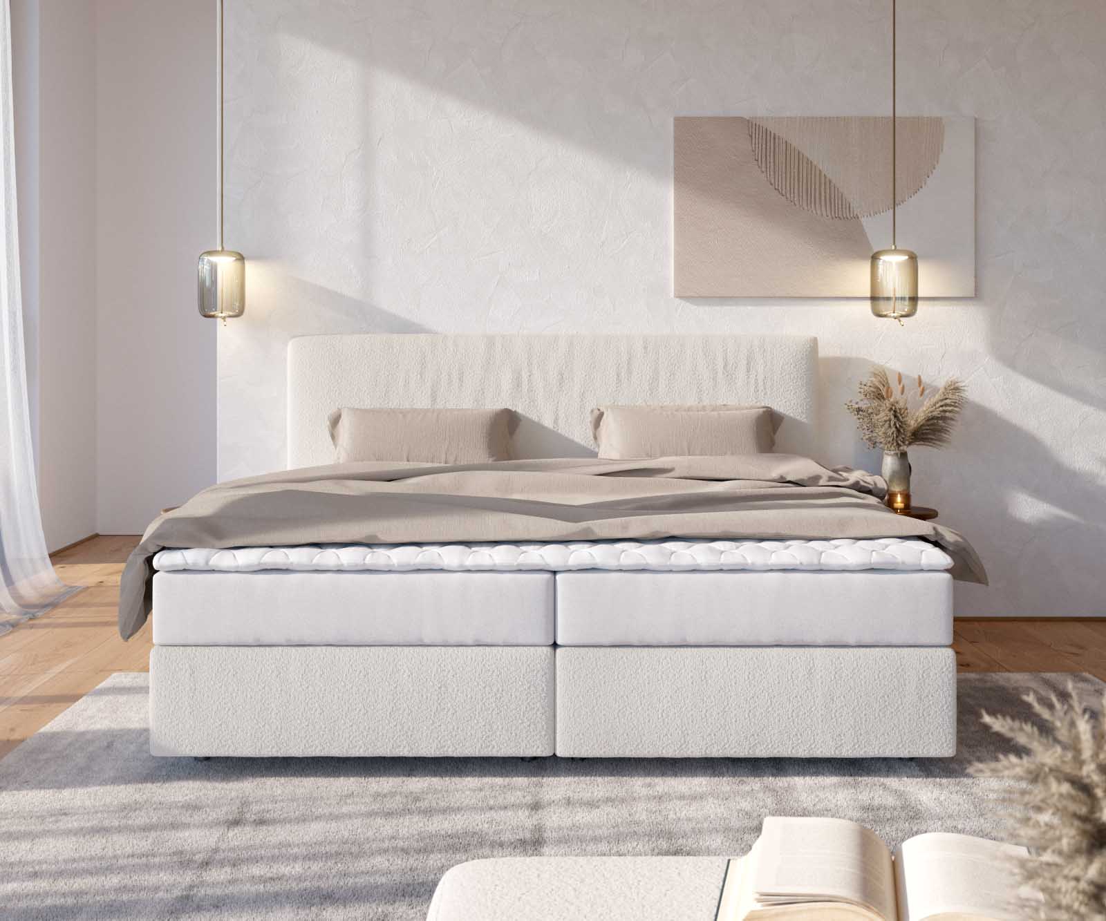 Boxspringbett Dream-Well Bouclé Creme-Weiß 200x200 cm mit Taschenfederkernmatratze und Topper Visco 1