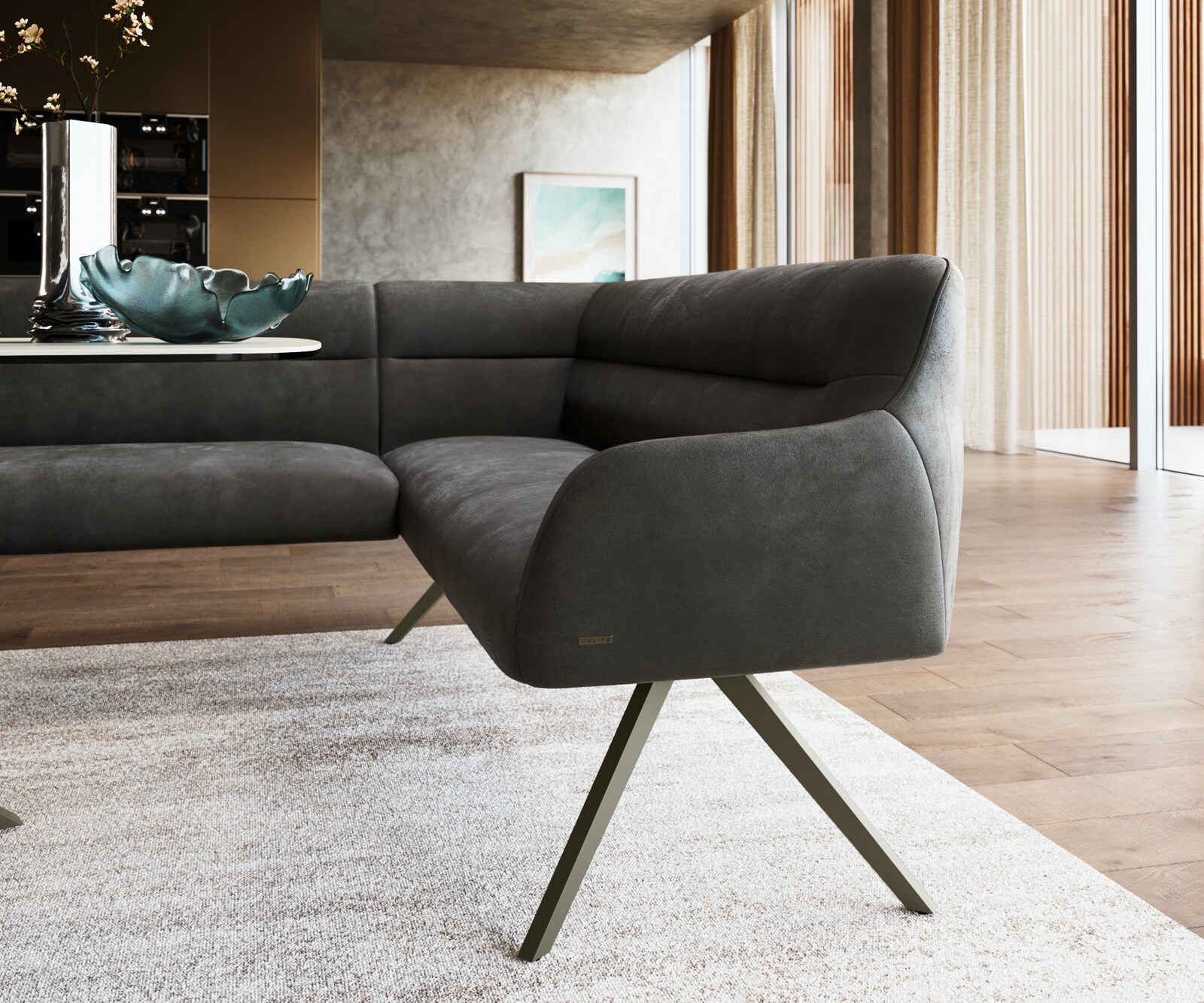 Esszimmerbank Taya-Flex 285x190 cm Mikrofaser Anthrazit Vintage Kreuzgestell kantig Effektfinish Titan Taschenfederkern Links 5