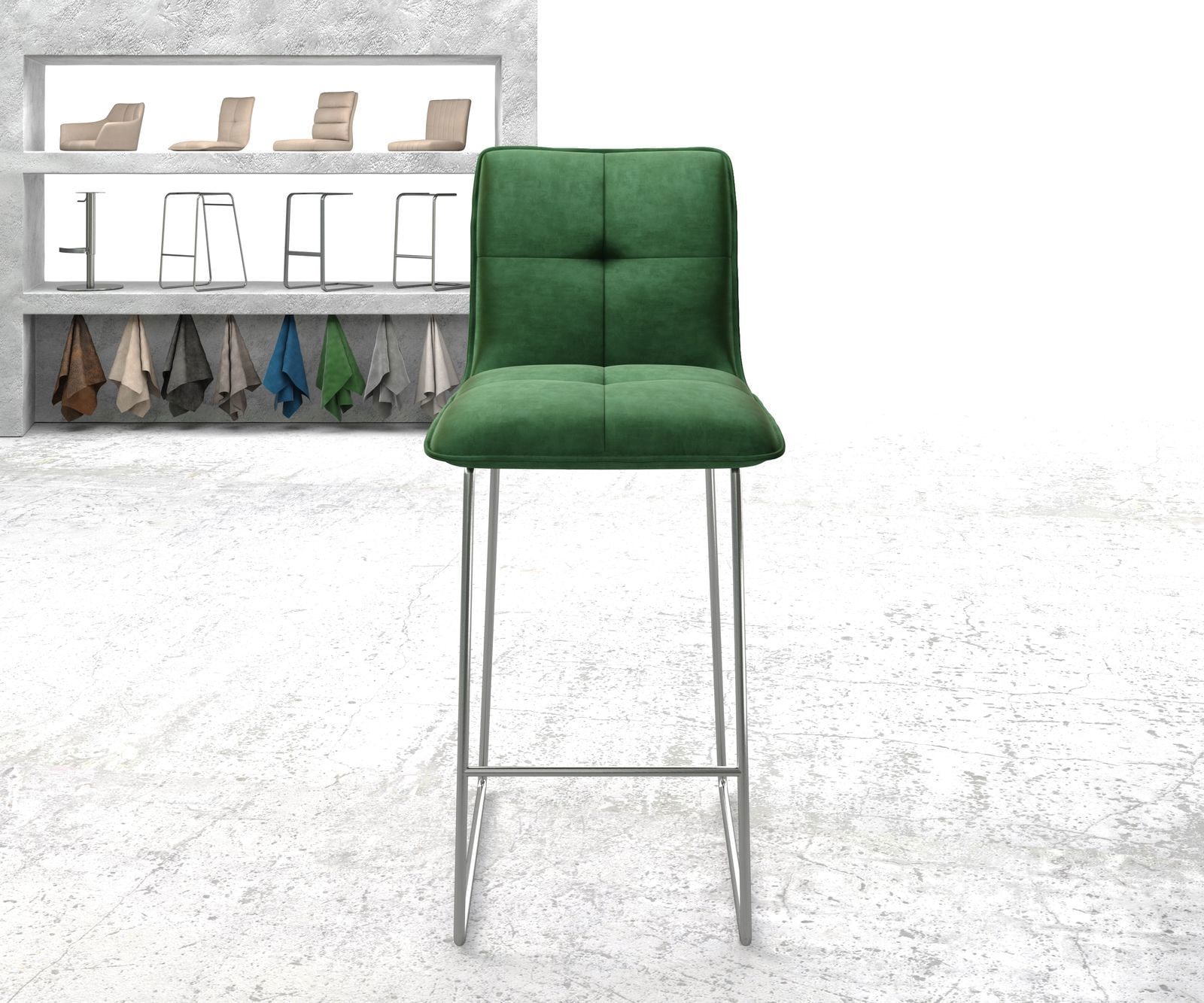 Barstuhl Maddy-Flex Samt Grün Kufengestell Edelstahl 2