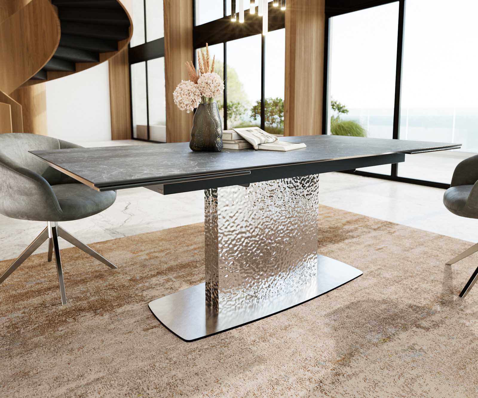 Esstisch Edge 200-300x100 Keramik Laminam®Nero Greco Anthrazit Wave Edelstahl ausziehbar 4