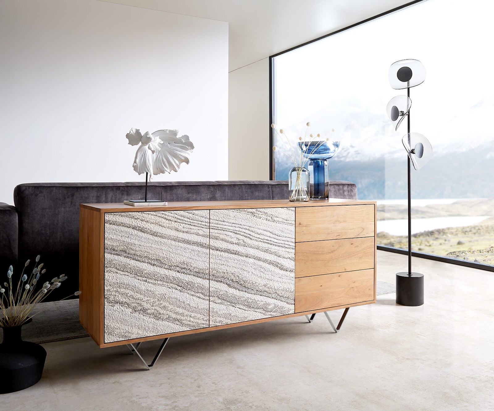 Sideboard Kleo Akazie Natur Echtsteinplatte weiss 3