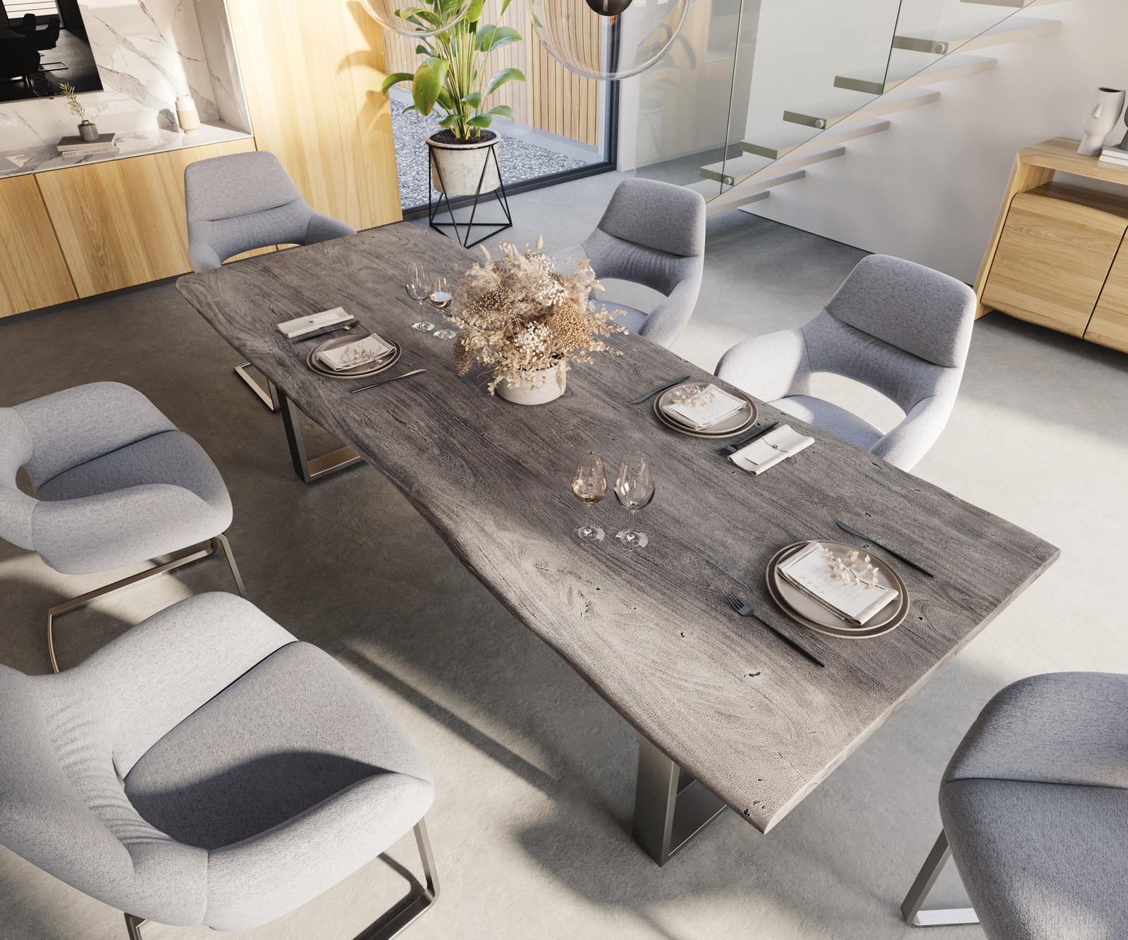 Esstisch Edge 260x100 Akazie Platin Edelstahl Schmal Live-Edge 2 Esstisch Edge 260x100 Akazie Platin Edelstahl Schmal Live-Edge 2