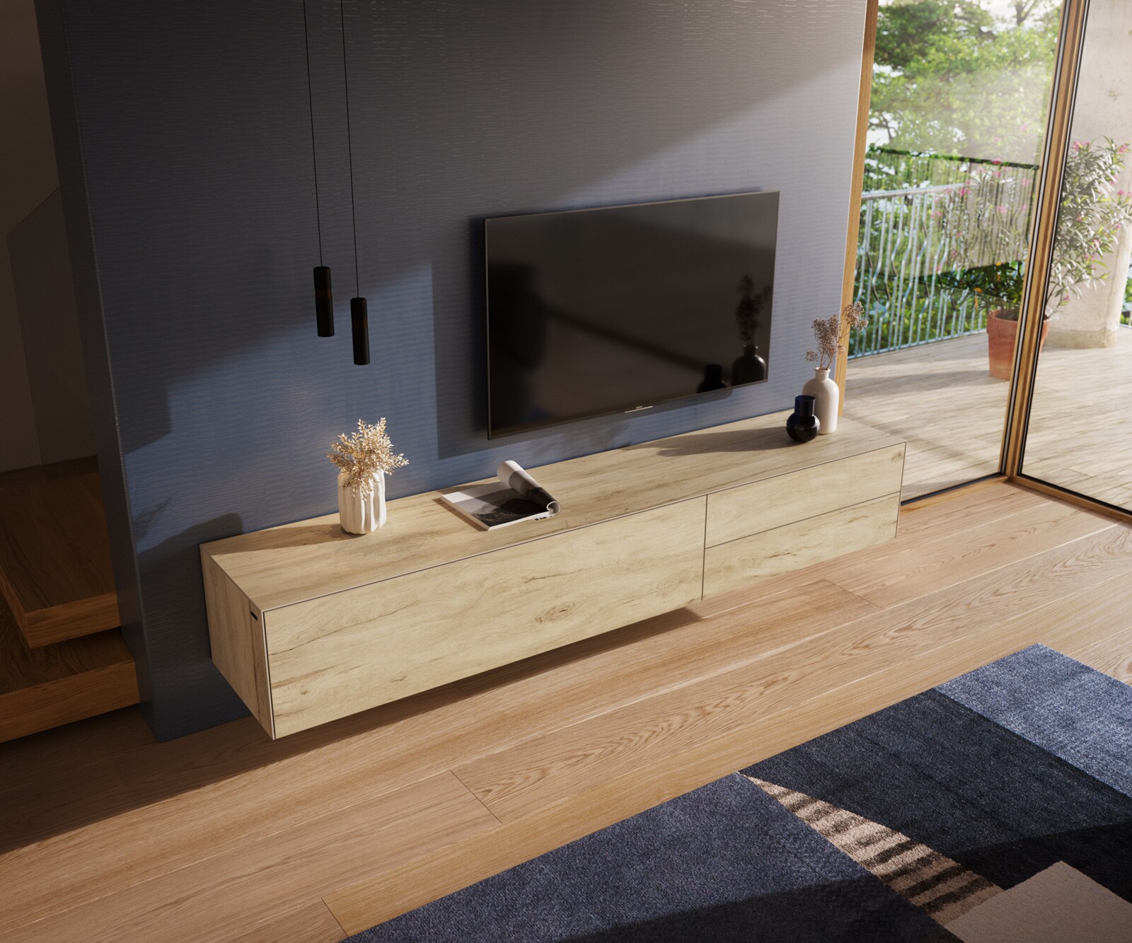 Lowboard Cuor 220 cm Keramik Laminam® Sabbia Eichefarbig 1 Klappe 2 Schubfächer Schwebend 4