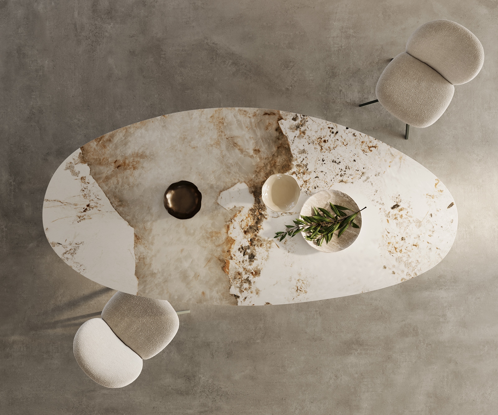 Esstisch Edge Oval 280x130 Keramik Minas Melange Weiß-Beige Prisma Metallic Gold 7