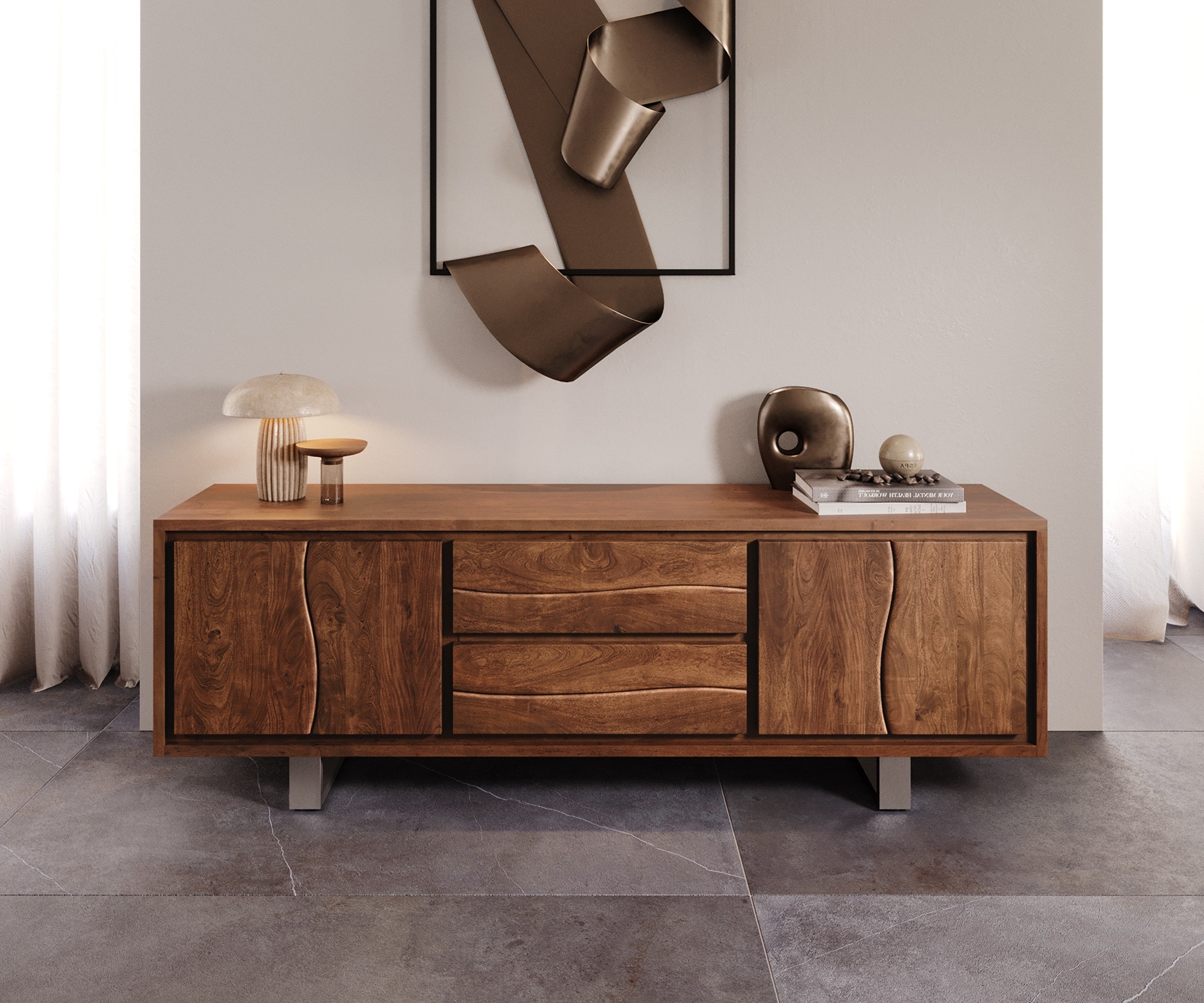 Lowboard Live-Edge 200 cm Akazie Braun 4 Türen 2 Schübe 2