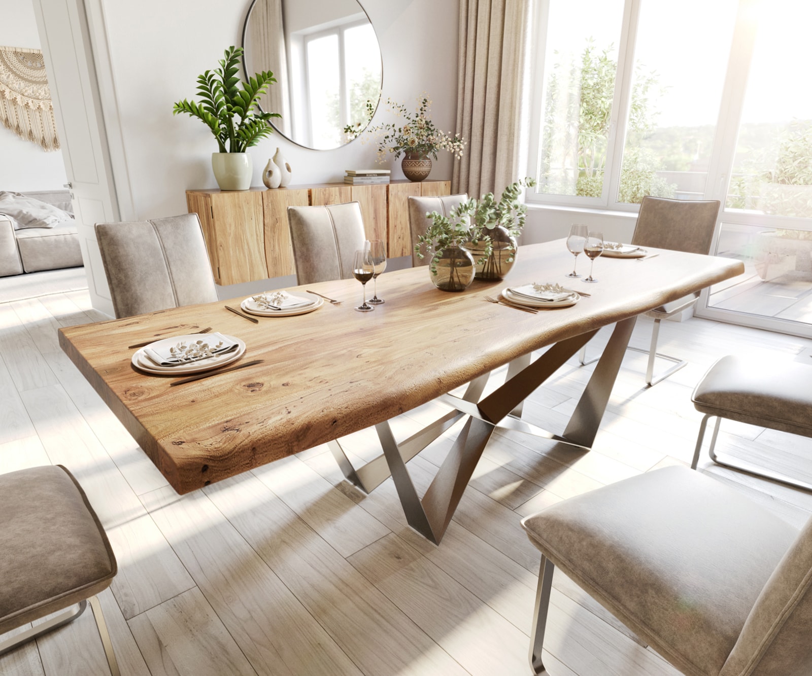 Esstisch Edge 260x100 XL Akazie Natur Spider Flachstahl Edelstahl Live-Edge günstig online kaufen