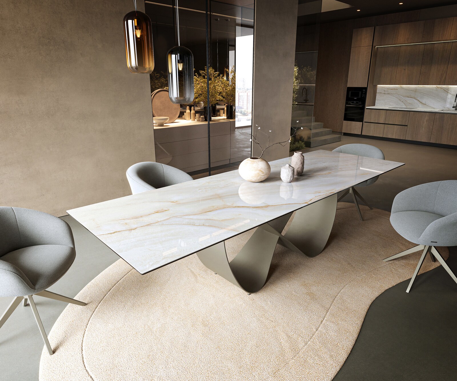 Esstisch Edge 300x100 cm Keramik Onyx Pearl Infinity Metall Effektfinish Titan 1