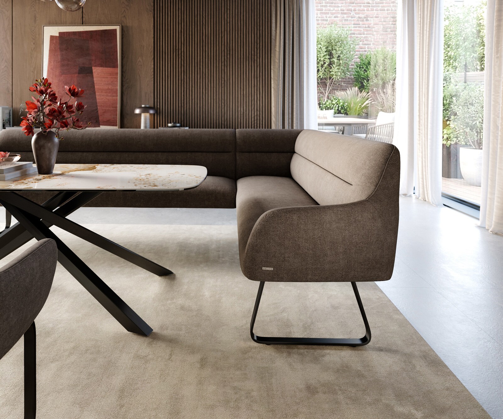 Esszimmerbank Taya-Flex 285x190 cm Strukturstoff Soft Taupe Kufengestell flach Schwarz Taschenfederkern Links 5