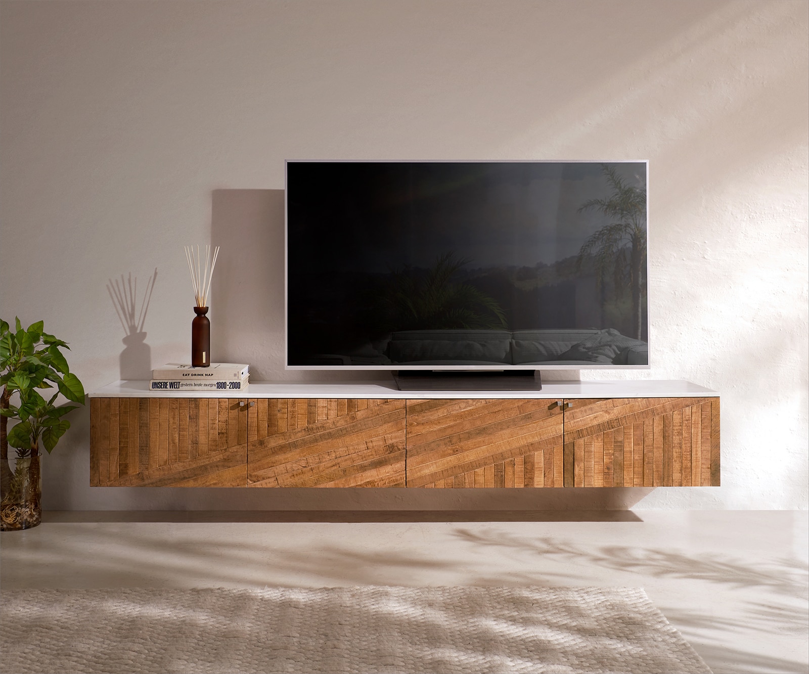 Lowboard Bahan 200 cm Mango Teak 4 Türen Marmorplatte weiss schwebend 2