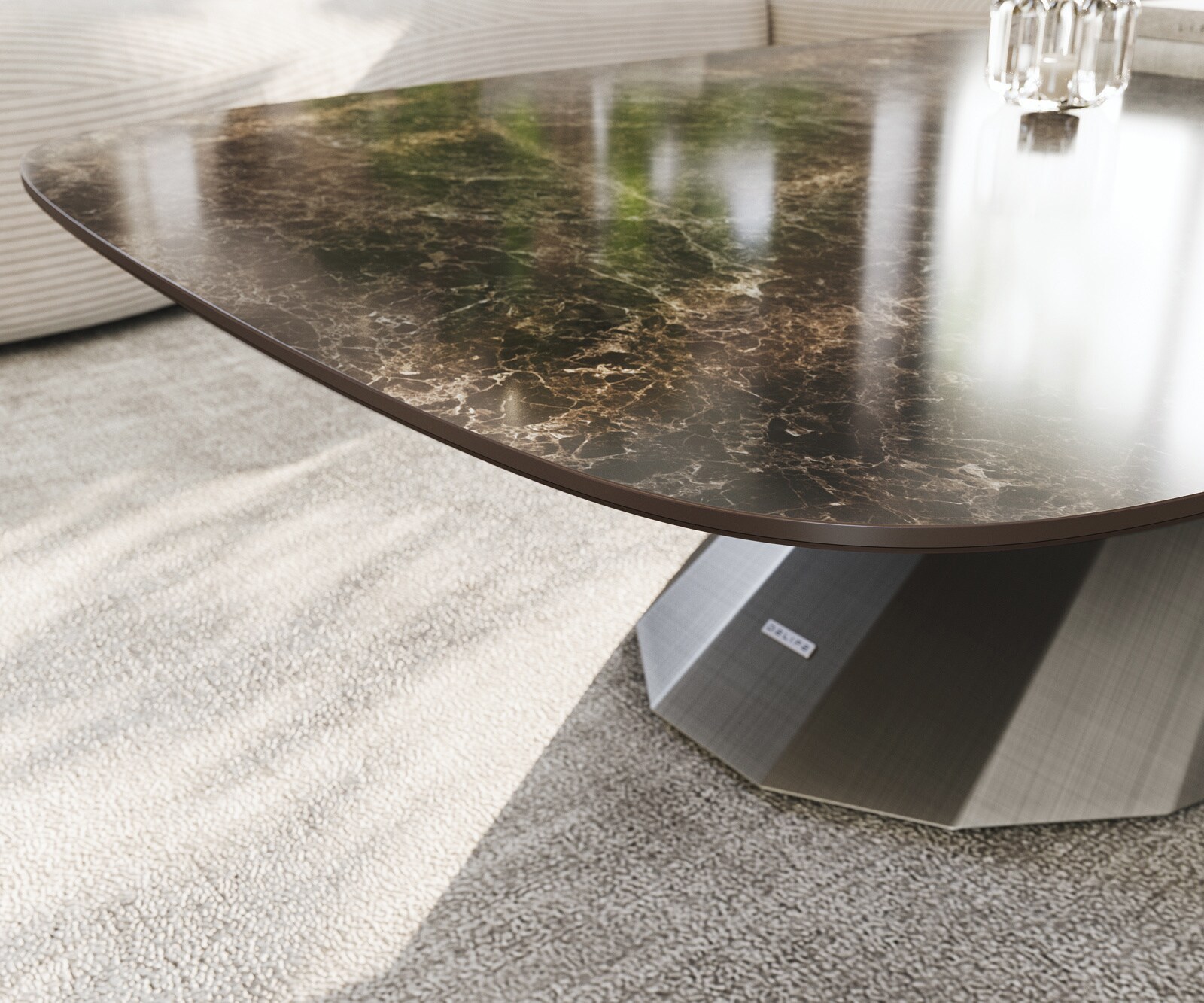 Couchtisch Edge Boot 140x80 cm Keramik Laminam® Emperador Extra Lucidato Dunkelbraun Parabi Metallic Silber 6