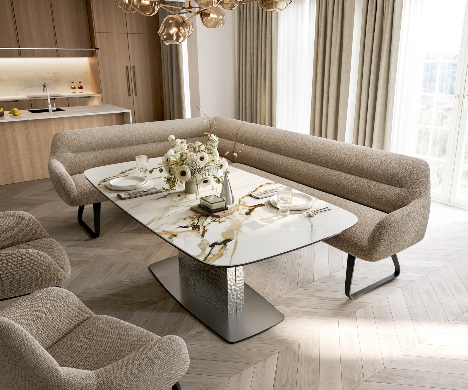 Esszimmerbank Taya-Flex 285x190 cm Bouclé Schlamm Kufengestell flach Schwarz Taschenfederkern Rechts