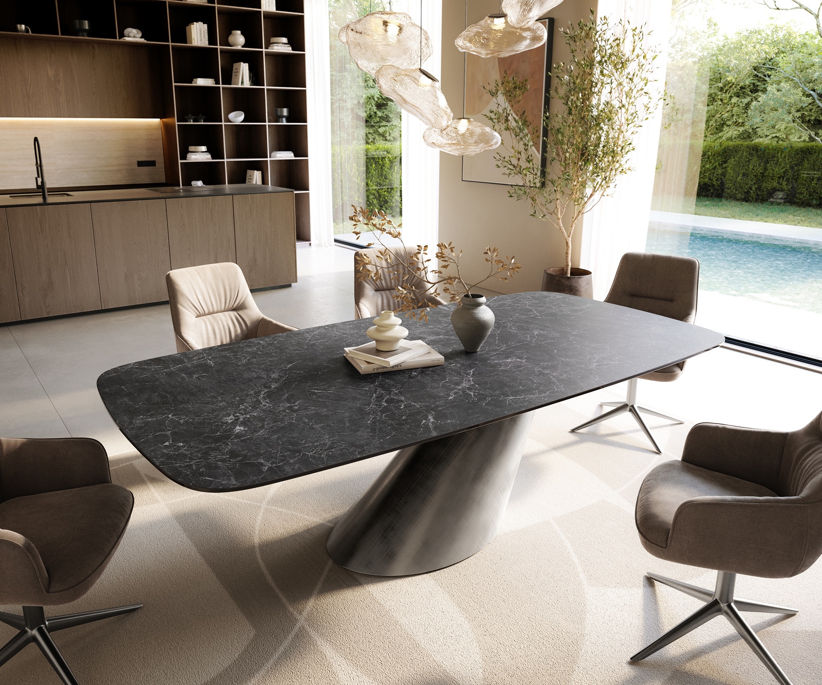 Esstisch Edge Boot 240x120 cm Keramik Laminam® Nero Greco Anthrazit Cono Metallic Silber
