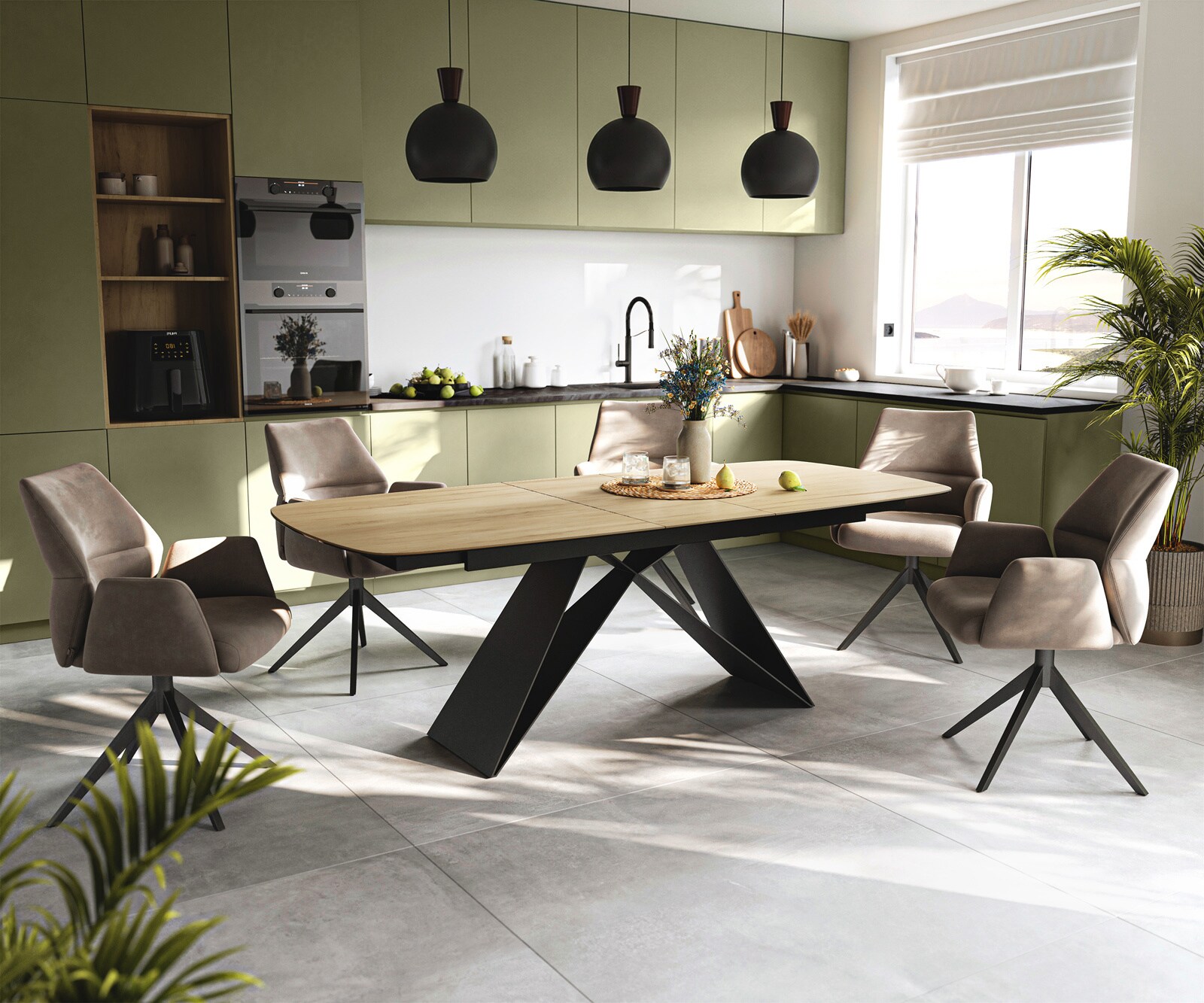 Esstisch Edge Boot 180-220x100 cm Keramik Laminam® Sabbia Eichefarbig V-Gestell Flachstahl Schwarz ausziehbar 6