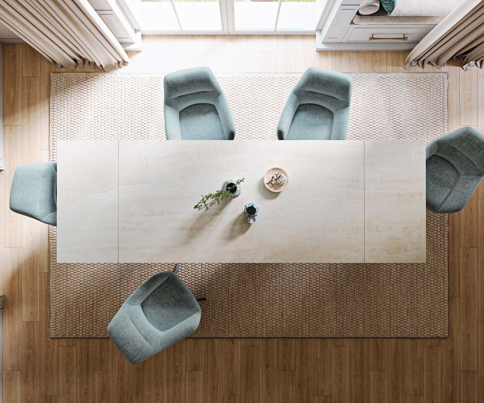 Esstisch Edge 200-300x100 cm Keramik Onyx Champagne W-Gestell Metall Schwarz ausziehbar 6