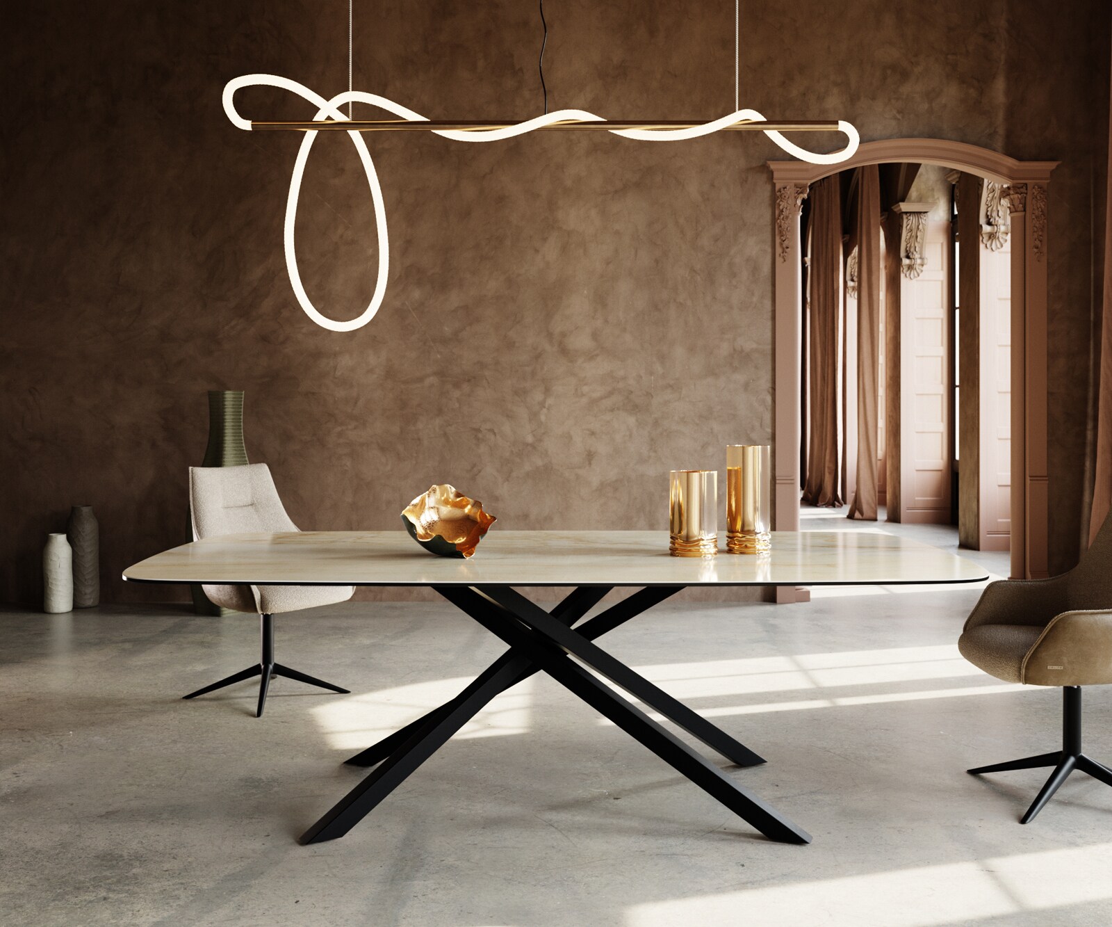 Esstisch Edge Boot 240x120 cm Keramik Iris FMG Onice Oro Kreuzgestell Rechteck Schwarz 2