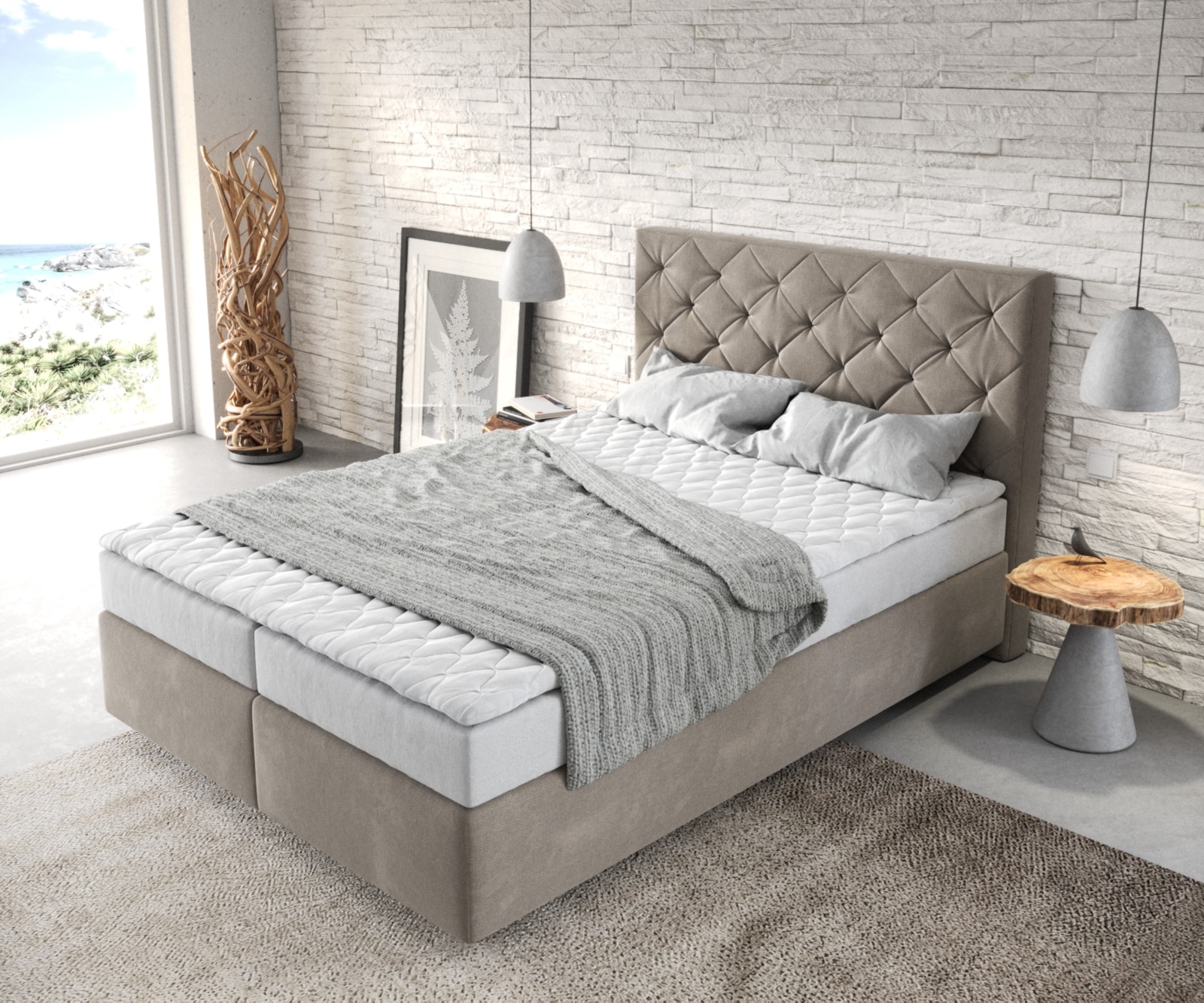 Boxspringbett Dream-Great 140x200 cm Mikrofaser Beige mit Matratze und Topper 3 Boxspringbett Dream-Great 140x200 cm Mikrofaser Beige mit Matratze und Topper 3