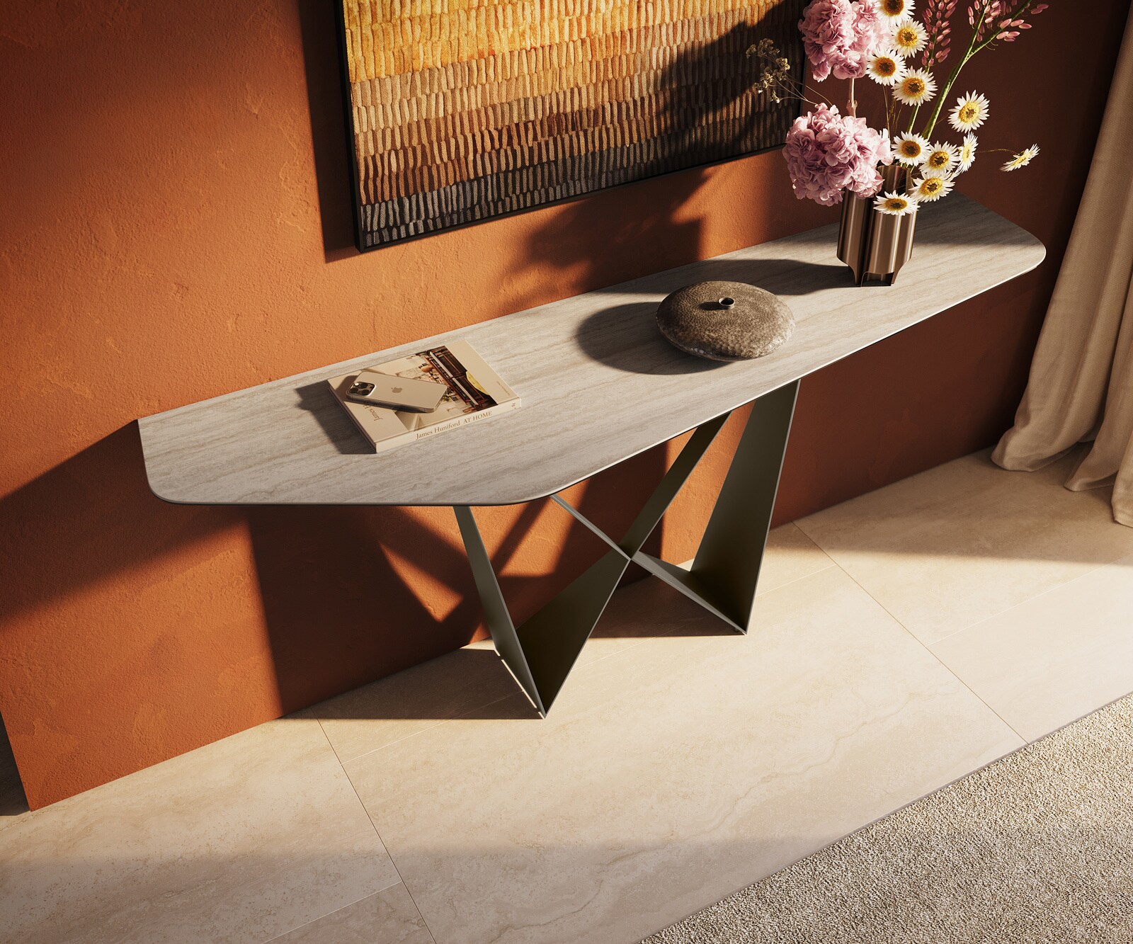 Konsolentisch Edge Polygonal 180x50 cm Keramik Laminam® Travertino Bianco Creme-Weiß Spios Metall Effektfinish Titan 3
