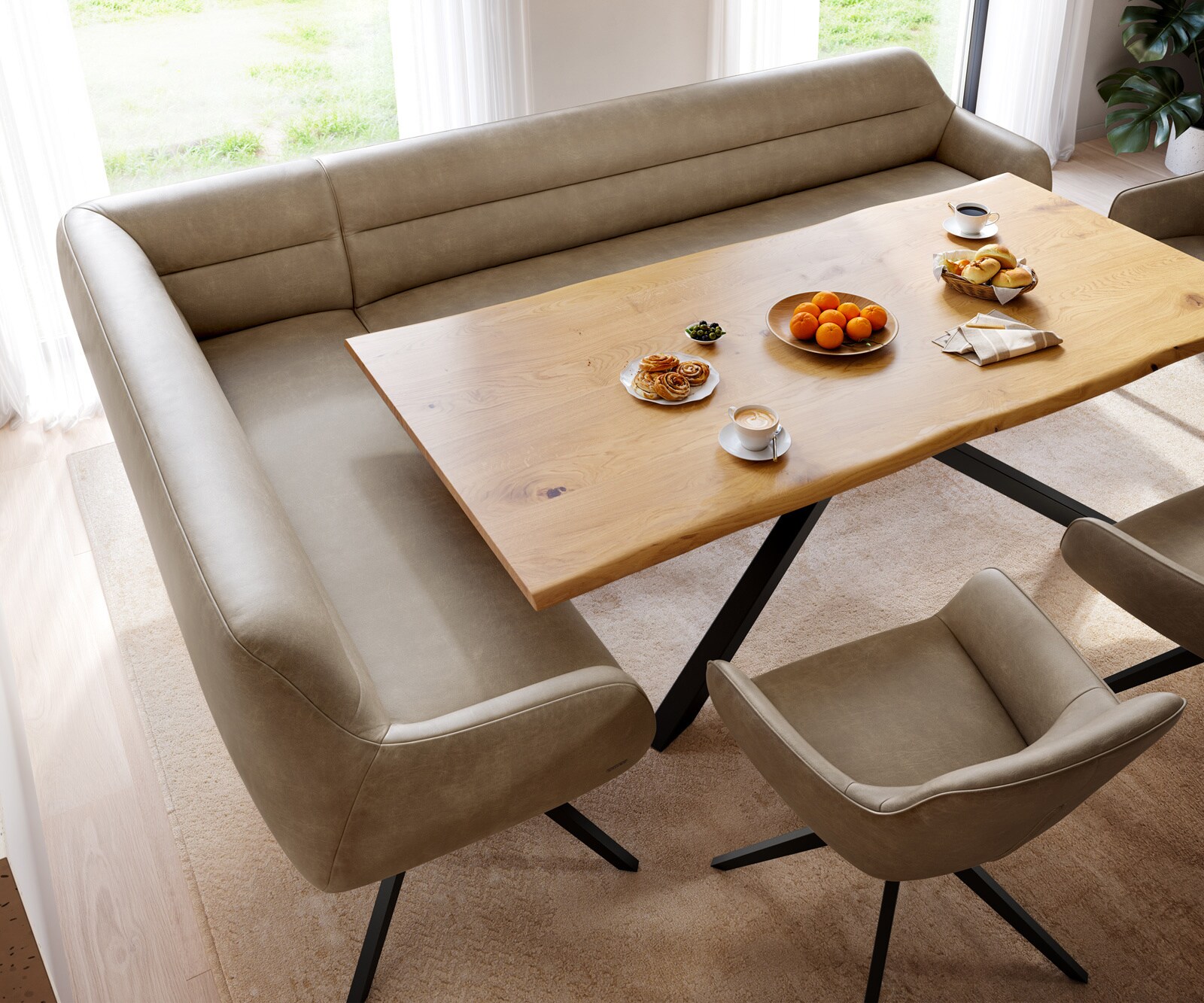Esszimmerbank Taya-Flex 285x190 cm Mikrofaser Beige Vintage Kreuzgestell kantig Schwarz Taschenfederkern Rechts 4