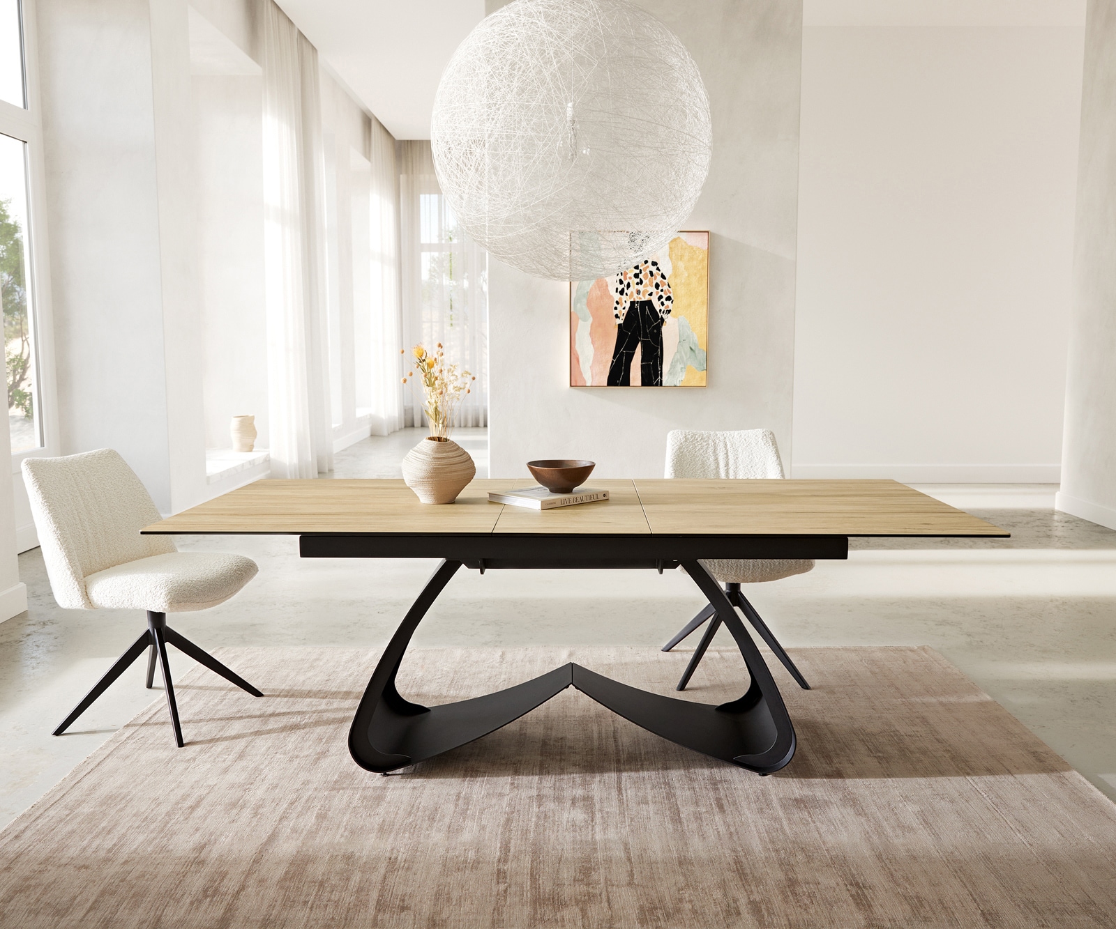 Esstisch Edge 180-220x100 Keramik Laminam® Sabbia Eichefarbig W-Gestell Schwarz ausziehbar