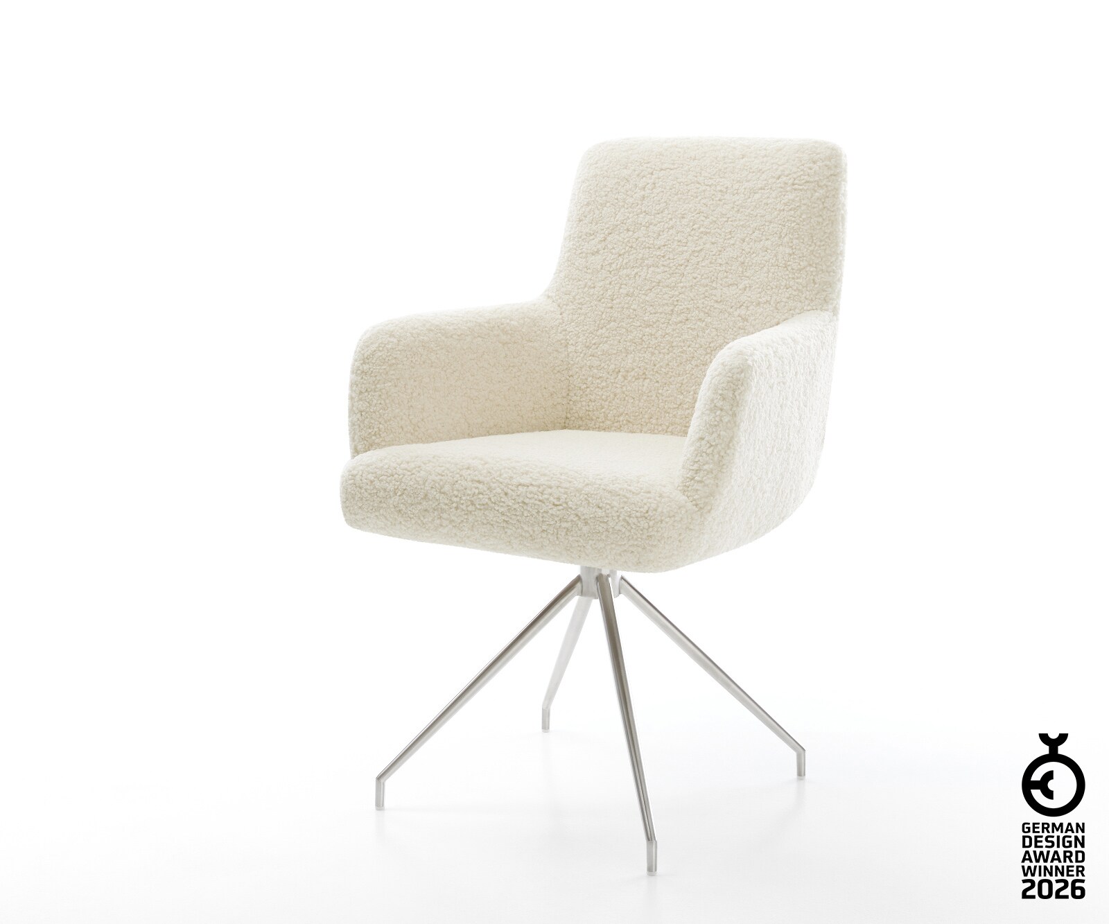 Esszimmerstuhl Heira-Flex mit Armlehnen Teddystoff Beige Kreuzgestell konisch Edelstahl Taschenfederkern
