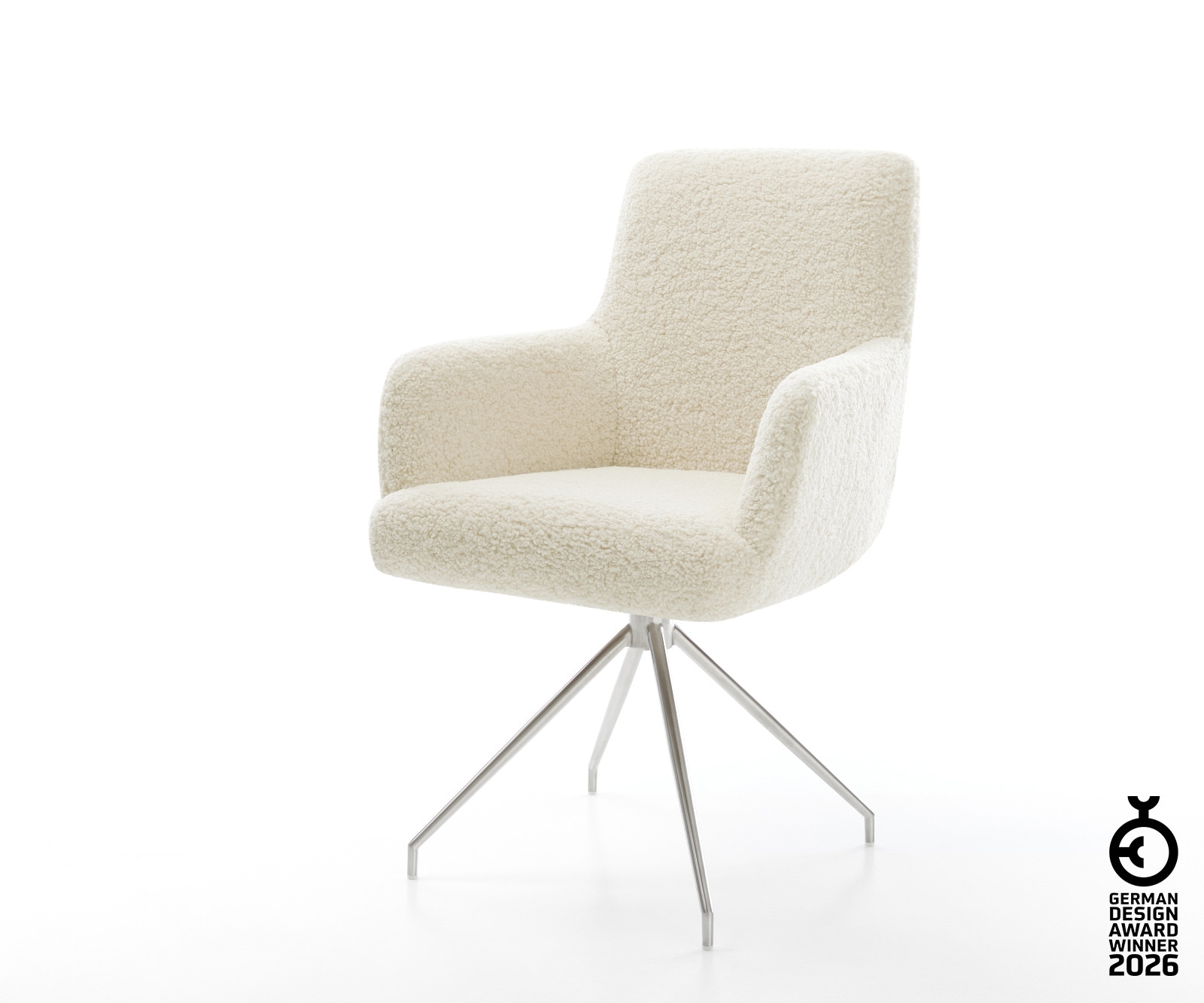 Esszimmerstuhl Heira-Flex mit Armlehnen Teddystoff Beige Kreuzgestell konisch Edelstahl Taschenfederkern
