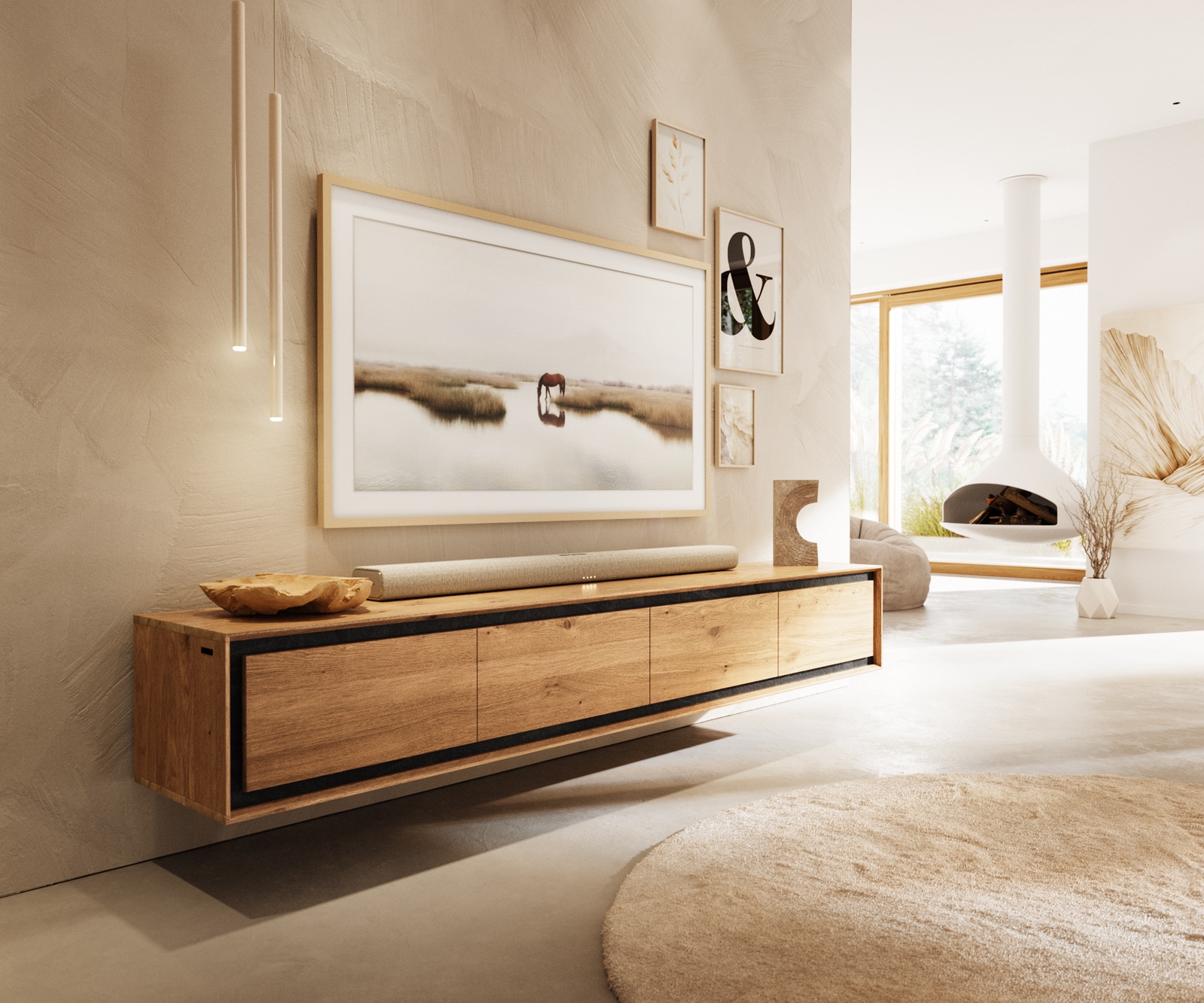 Lowboard Stonegrace 200 cm Eiche Natur 4 Türen Steinfurnier schwebend Lowboard Stonegrace 200 cm Eiche Natur 4 Türen Steinfurnier schwebend