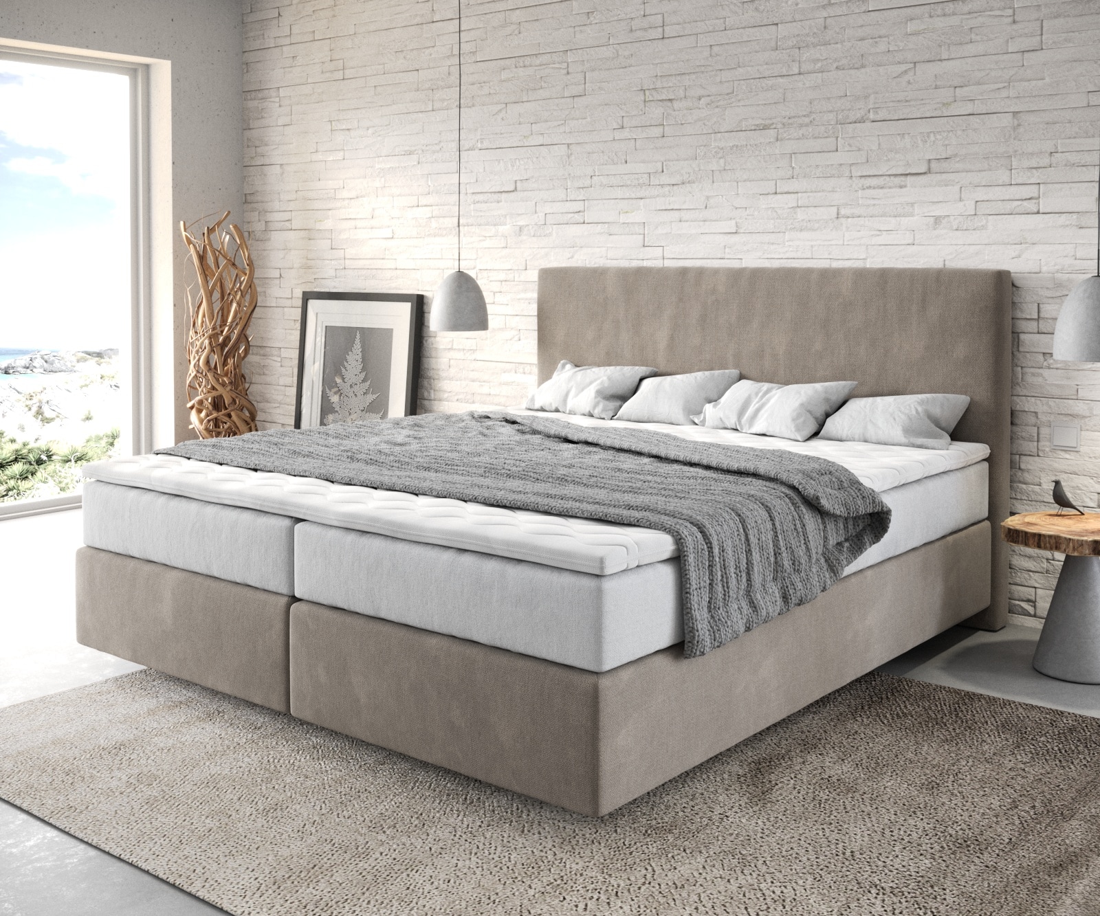 Boxspringbett Dream-Well 180x200 cm Mikrofaser Beige mit TFK Matratze und Visco Topper Boxspringbett Dream-Well 180x200 cm Mikrofaser Beige mit TFK Matratze und Visco Topper