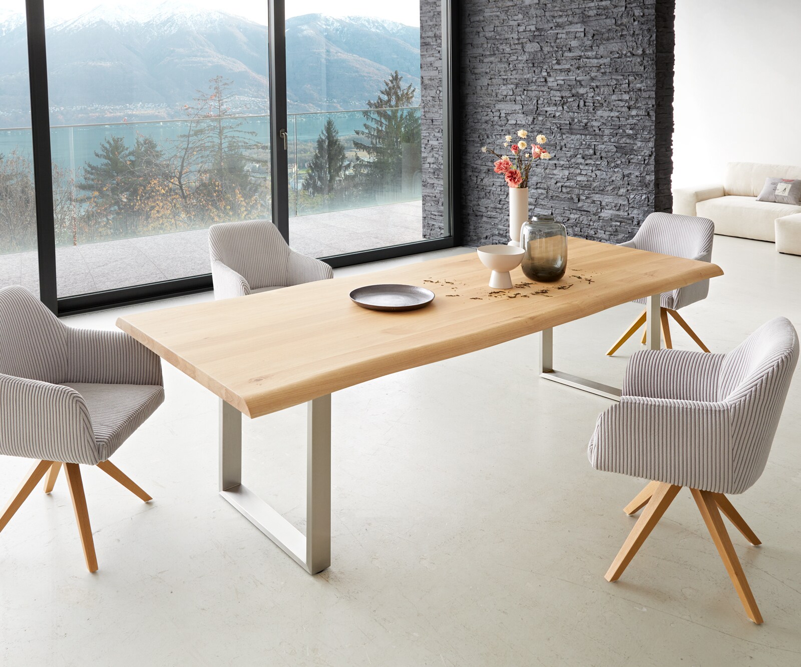 Esstisch Edge 260x100 Eiche Natur Edelstahl Schmal Live-Edge 6