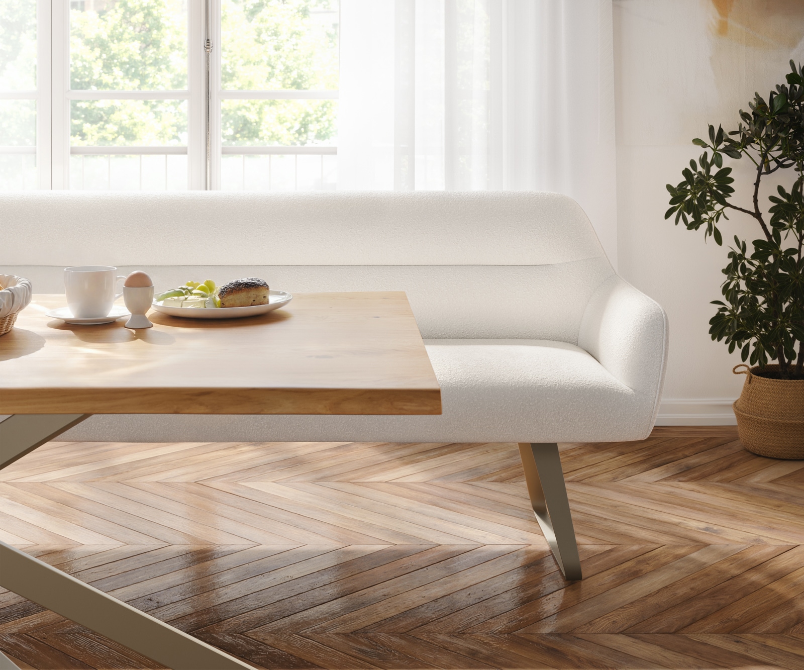 Esszimmerbank Taya-Flex 200 cm Bouclé Creme-Weiß Kufengestell flach Effektfinish Titan Taschenfederkern 4