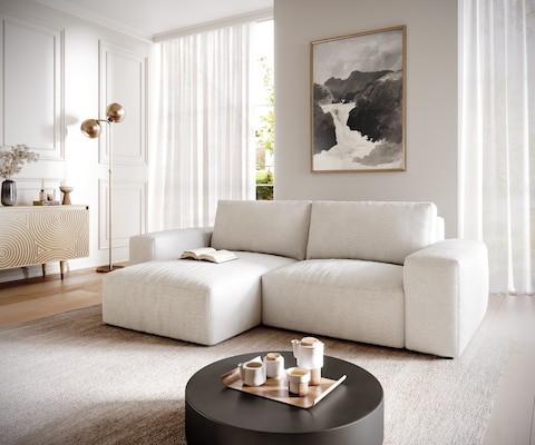 Eckcouch Lanzo Bouclé Creme-Weiß 230x155 cm Recamiere variabel