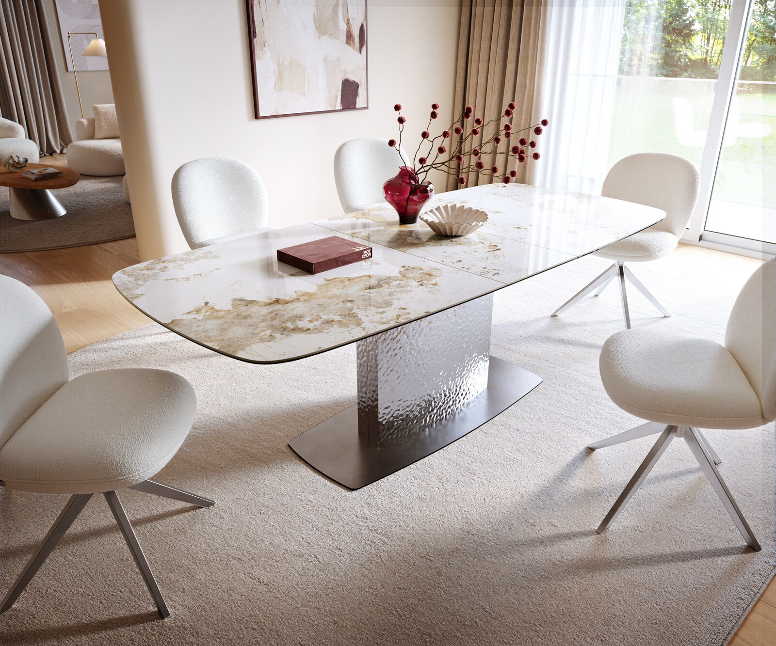 Esstisch Edge Boot 180-220x100 Keramik Minas Melange Weiß-Beige Wave Edelstahl ausziehbar 6