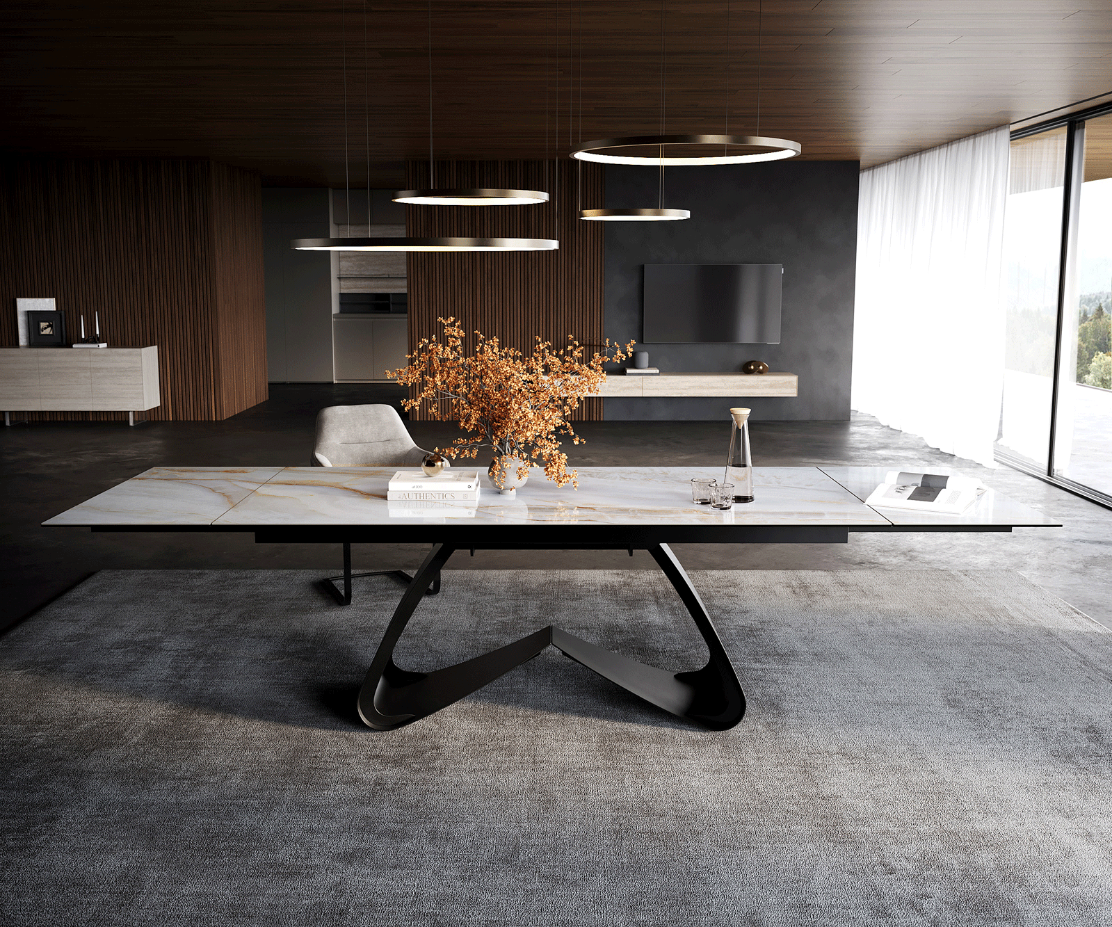 Esstisch Edge 200-300x100 cm Keramik Onyx Pearl W-Gestell Metall Schwarz ausziehbar 2