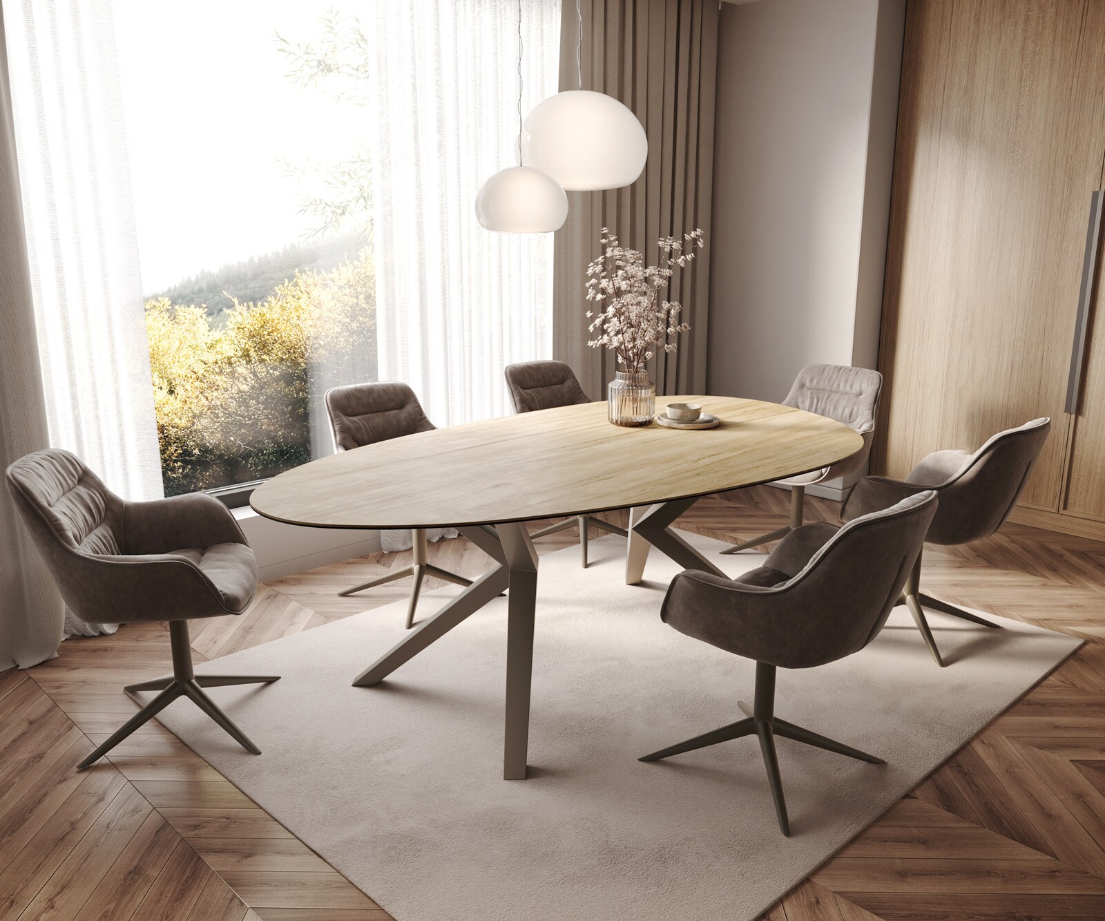 Esstisch Edge Oval 220x120 Keramik Laminam® Sabbia Eichefarbig Zenthara kantig Metall Effektfinish Titan 7