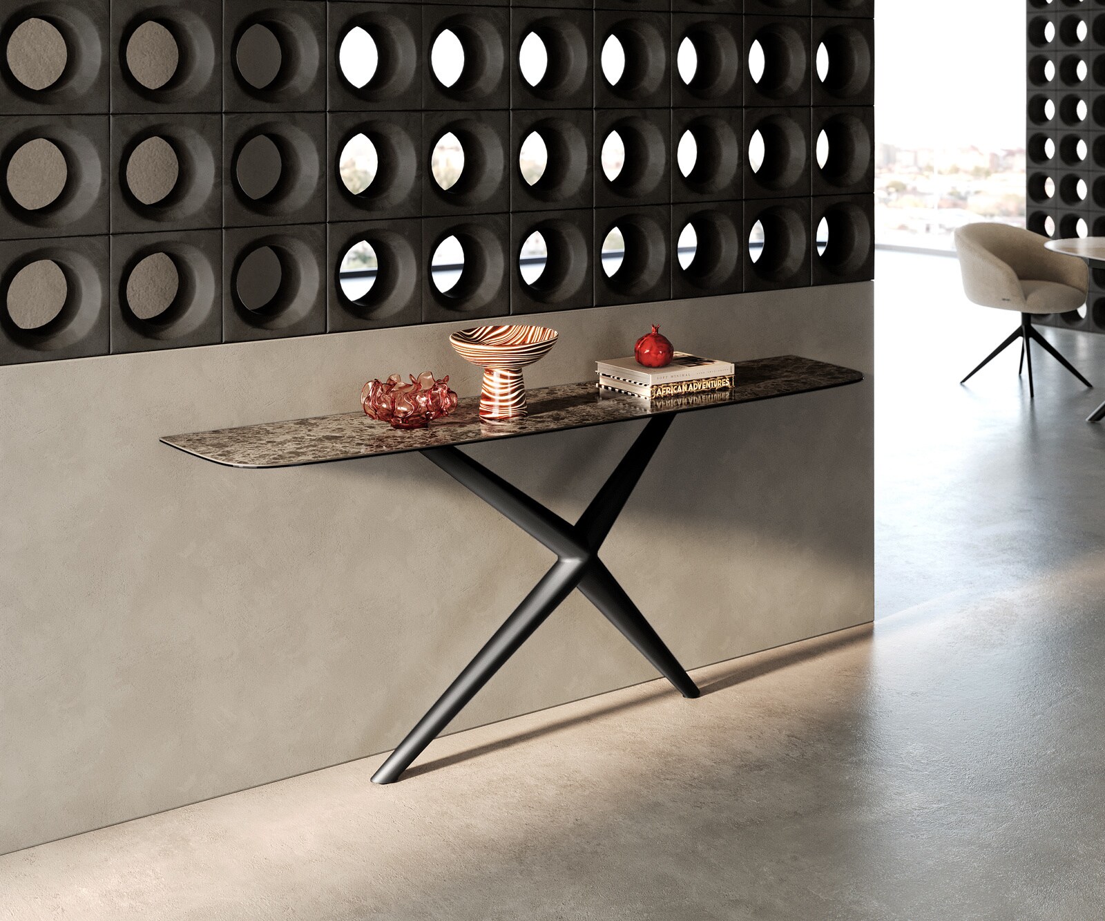 Konsolentisch Edge Boot 180x40 cm Keramik Emperador Extra Lucidato Dunkelbraun Estelo Metall Schwarz 3