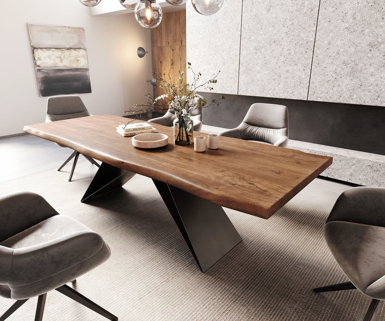 Esstisch Edge 260x100 XL Akazie Braun V-Gestell Flachstahl Schwarz Live-Edge 1