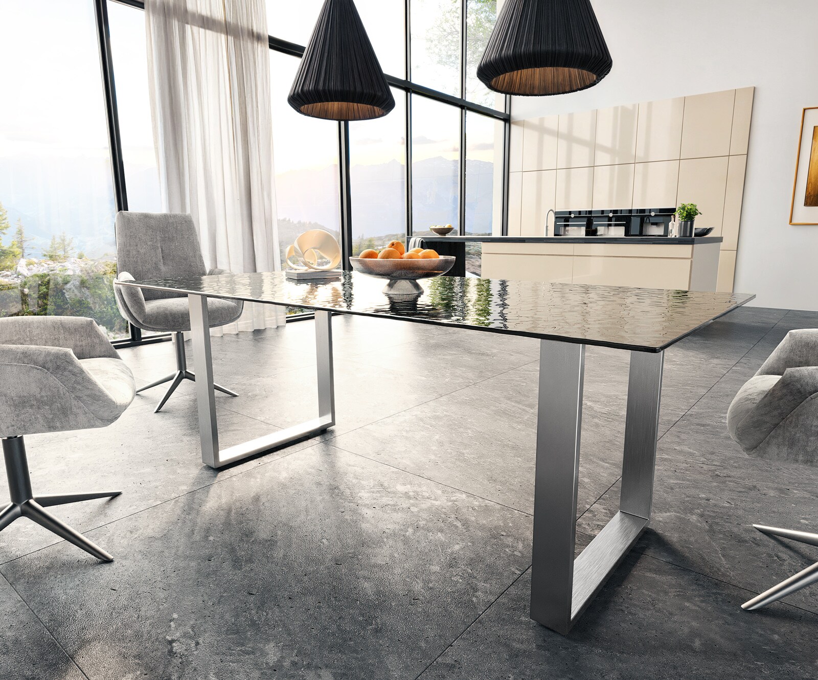 Esstisch Edge 200x100 Reliefglas Rauchschwarz 3D-Design Edelstahl Schmal 3