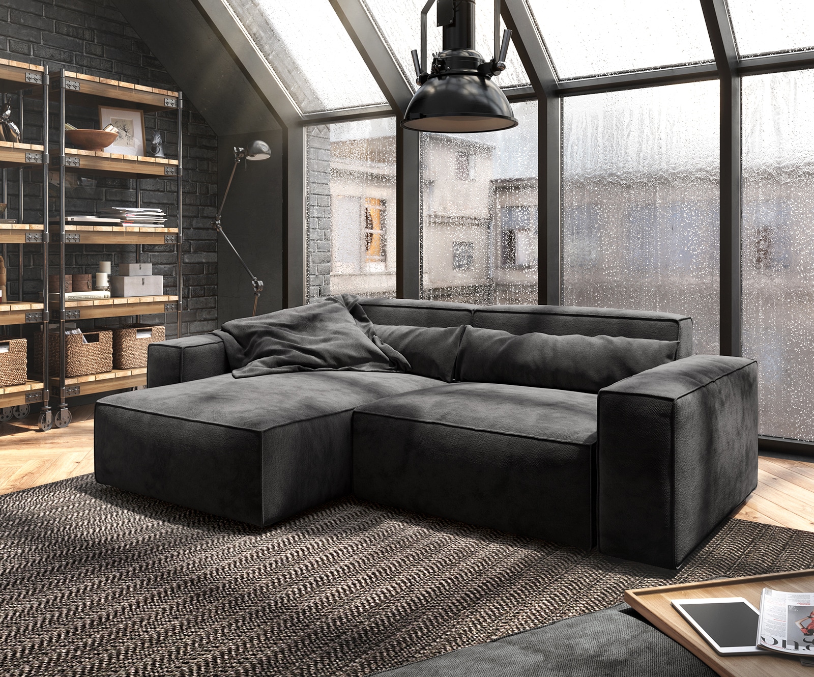 Ecksofa Sirpio 230x155 cm Mikrofaser Schwarz Recamiere variabel mit Hocker