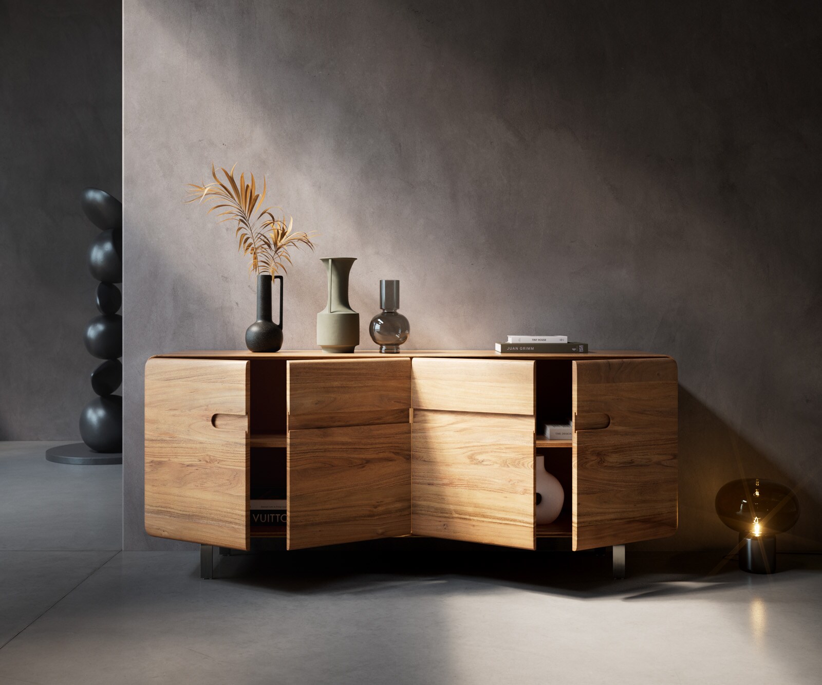 Sideboard Anaya 175 cm Akazie Natur 4 Türen L-Fuß Edelstahl 4