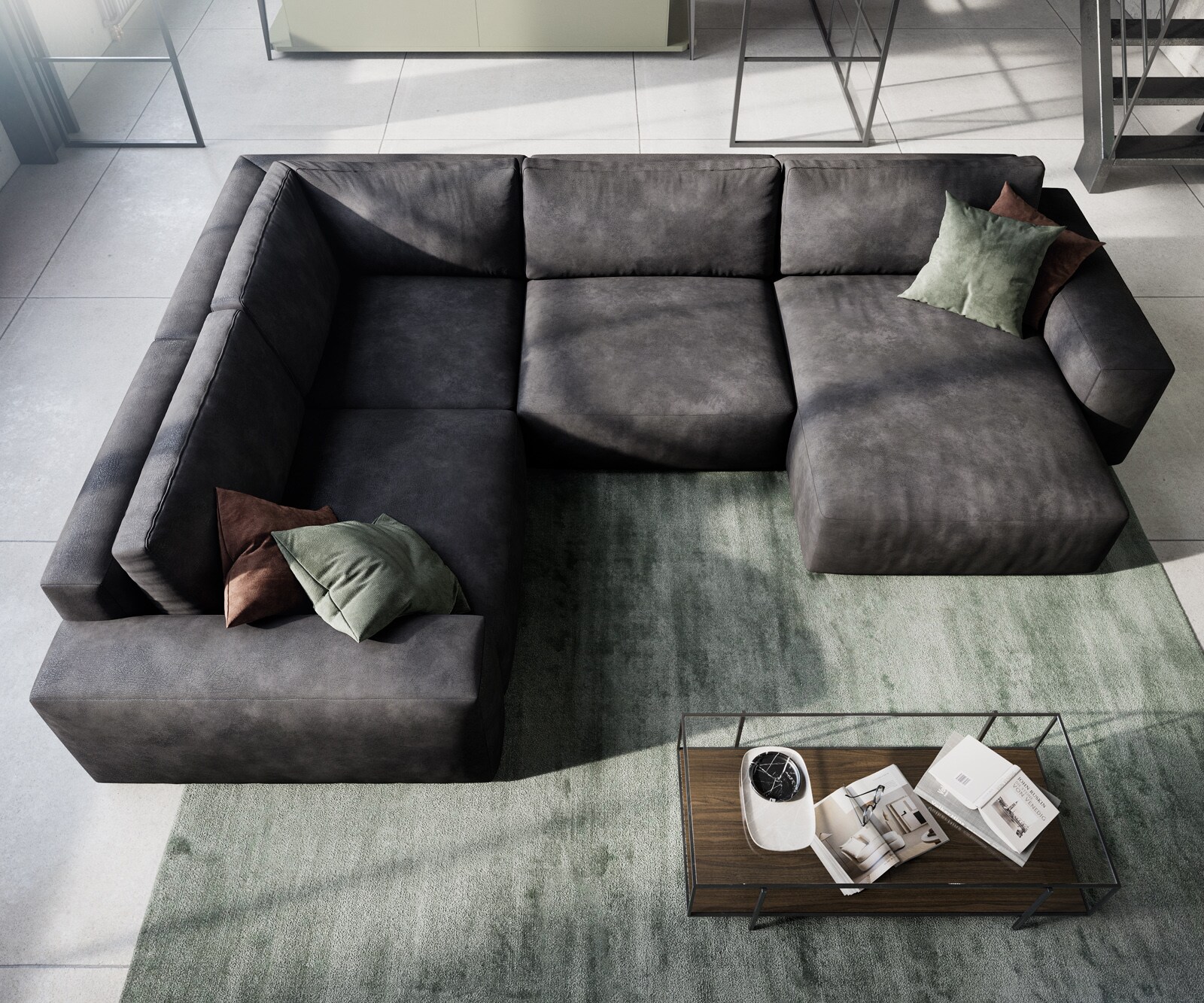 Wohnlandschaft Lanzo 300x210 cm Lederimitat Vintage Anthrazit Recamiere variabel mit Hocker 4