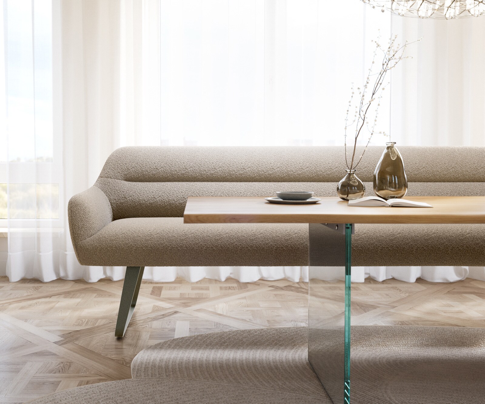 Esszimmerbank Taya-Flex 300 cm Bouclé Schlamm Kufengestell flach Effektfinish Titan Taschenfederkern 1