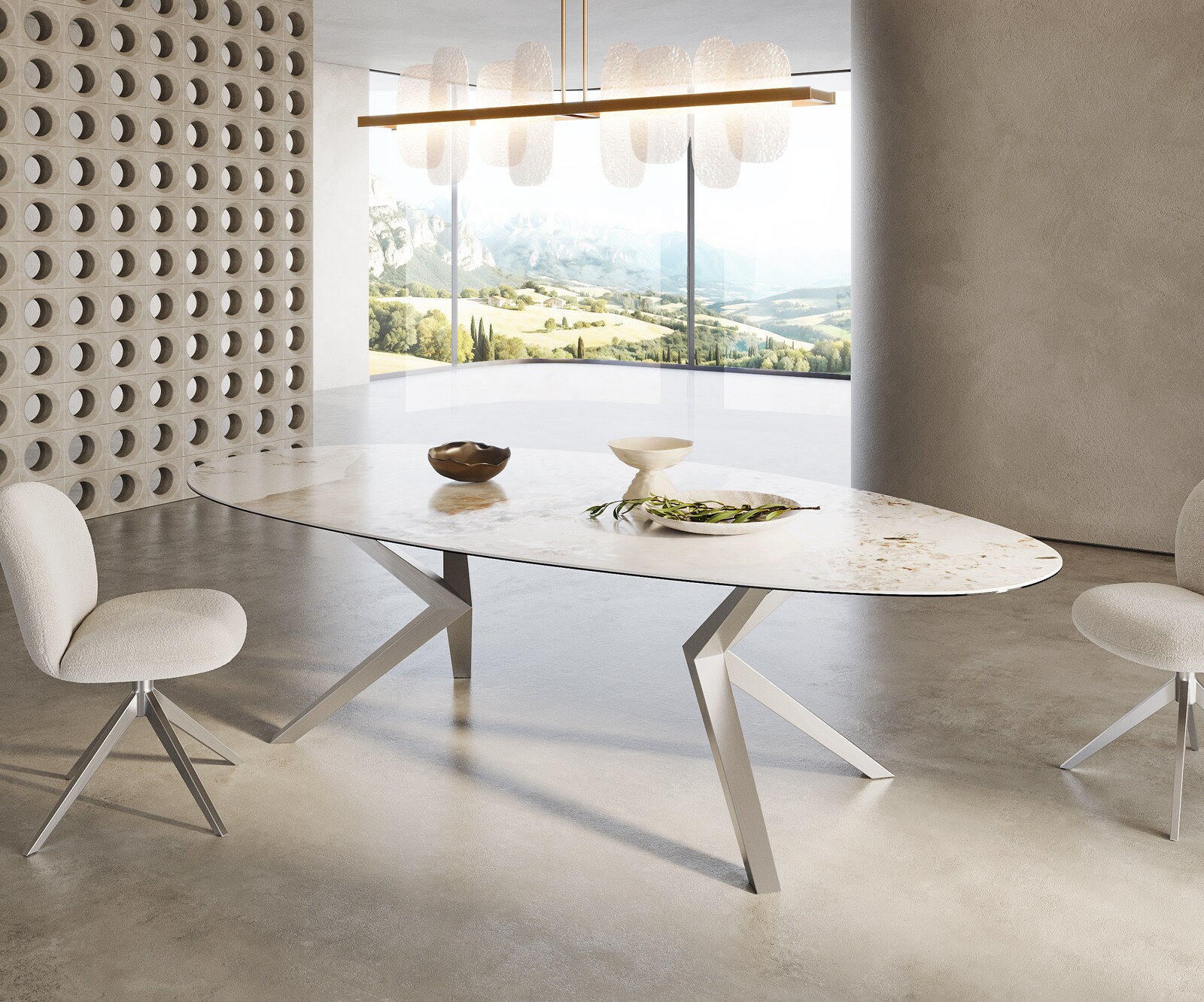 Esstisch Edge Oval 280x130 Keramik Minas Melange Weiß-Beige Zenthara kantig Edelstahl 3