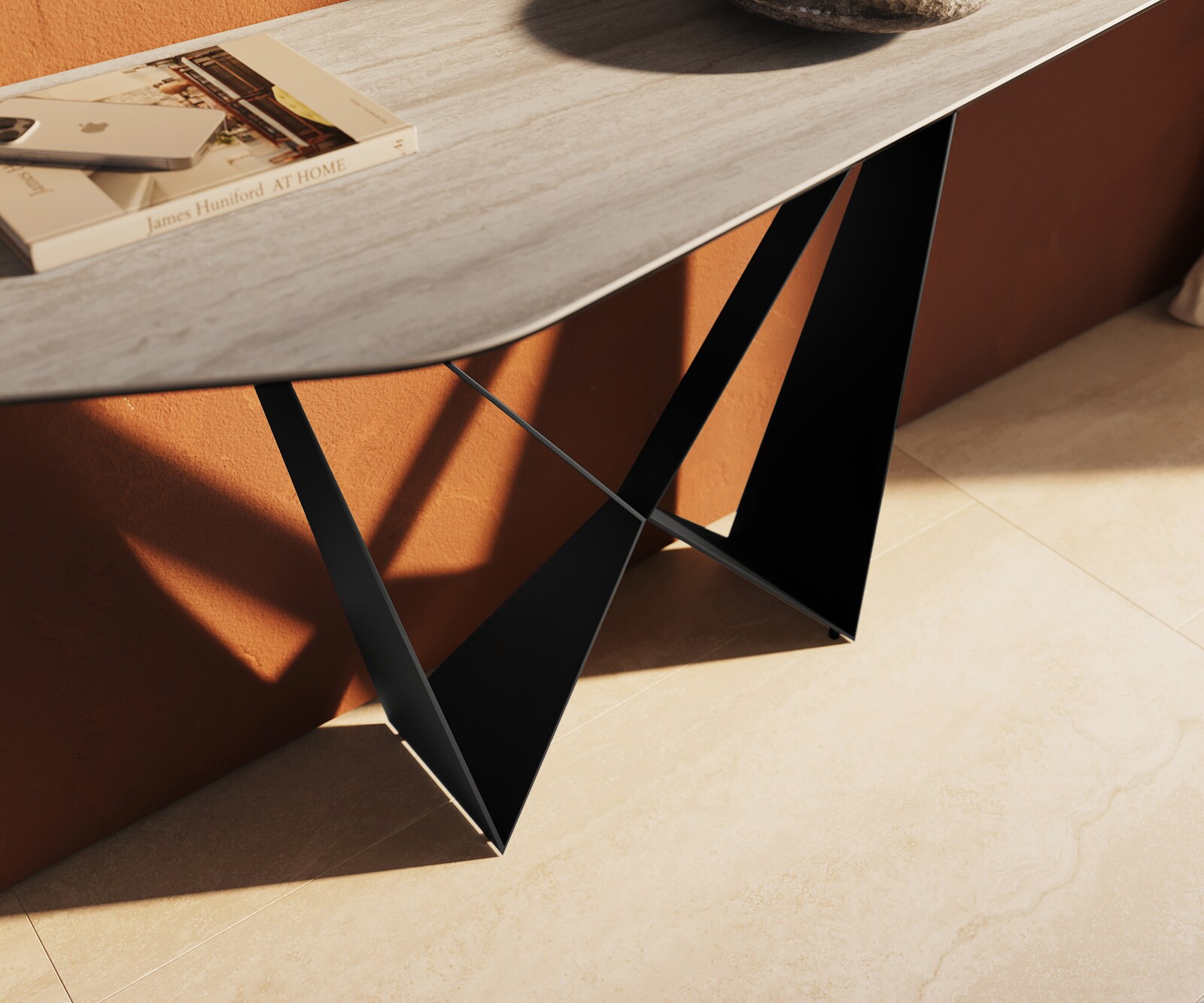Konsolentisch Edge Polygonal 180x50 cm Keramik Laminam® Travertino Bianco Creme-Weiß Spios Metall Schwarz 5