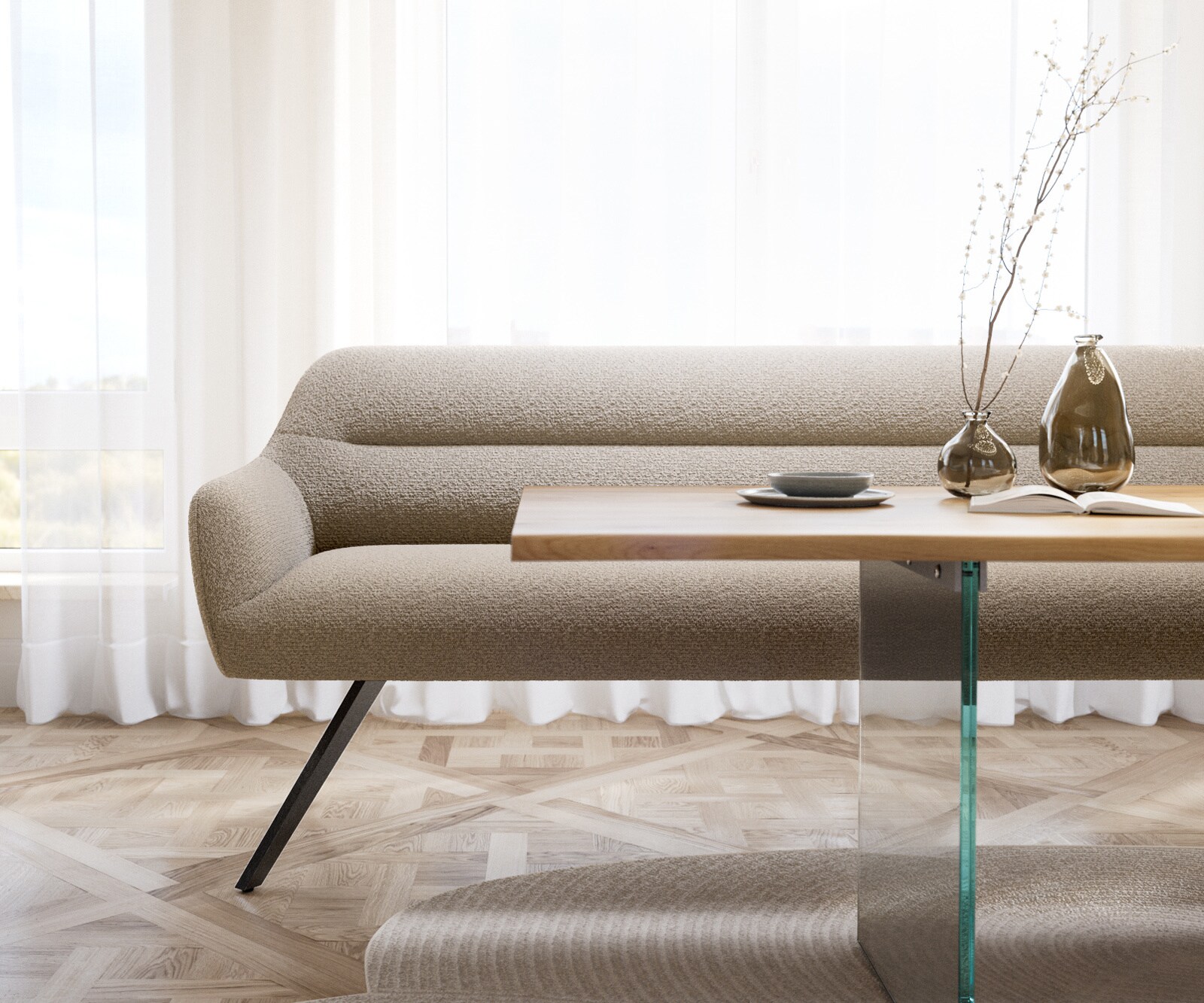 Esszimmerbank Taya-Flex 200 cm Bouclé Schlamm Kreuzgestell kantig Graphit Taschenfederkern 2