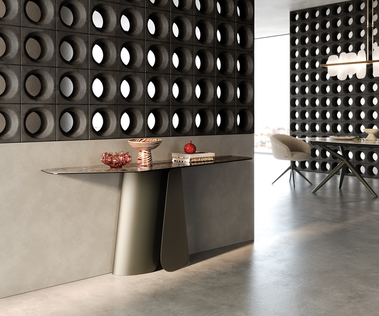 Konsolentisch Edge Polygonal 180x50 cm Keramik Emperador Extra Lucidato Dunkelbraun Livos Metall Effektfinish Titan 6