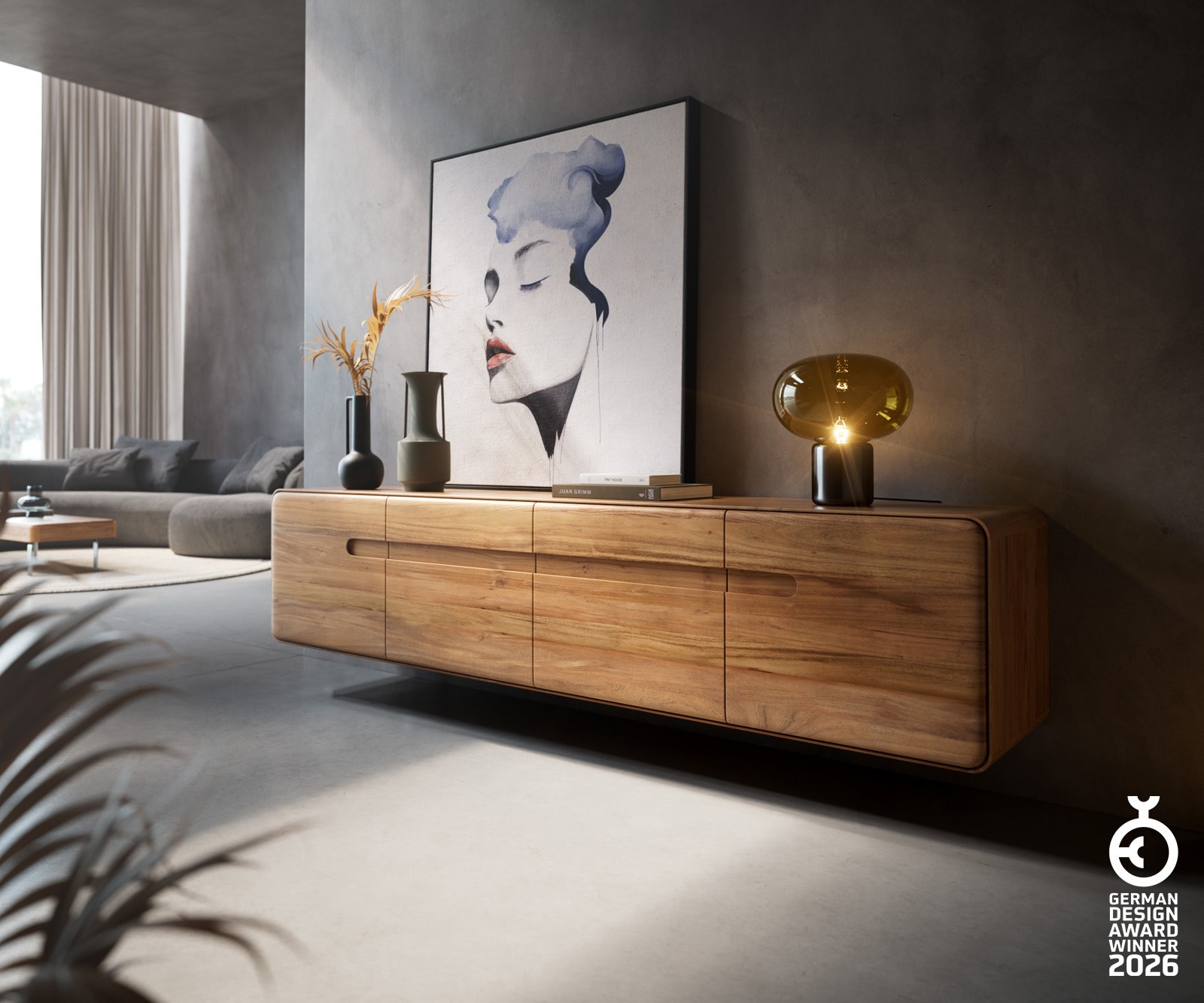 Lowboard Anaya 200 cm Akazie Natur 4 Türen Schwebend